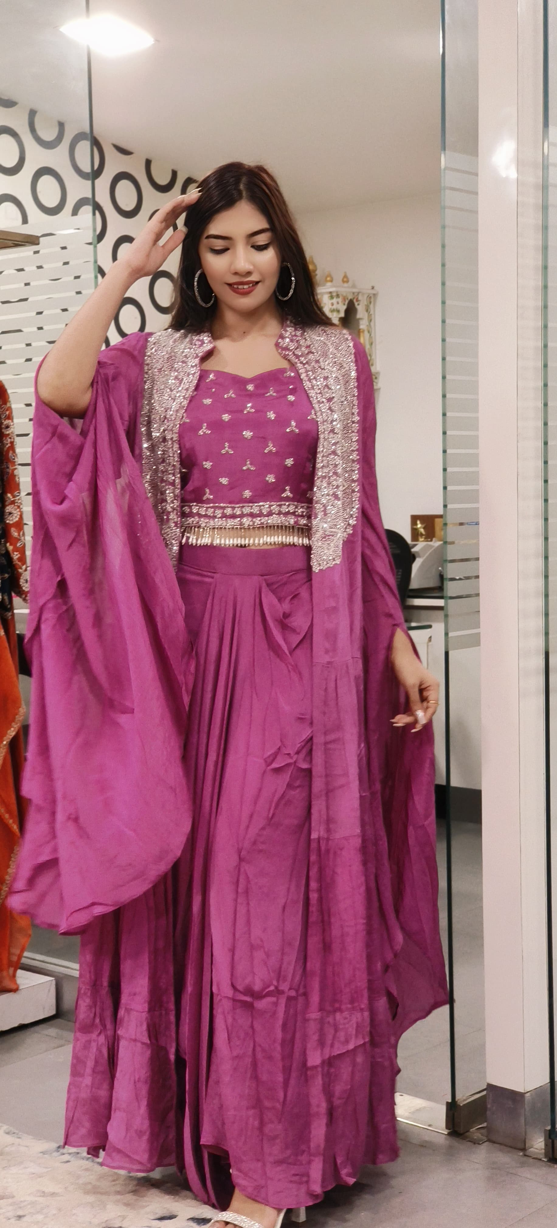 Designer Chinon Cut dana Embroidered Indowestern Crop top with Skirt And Shrug-09013,09014,09015