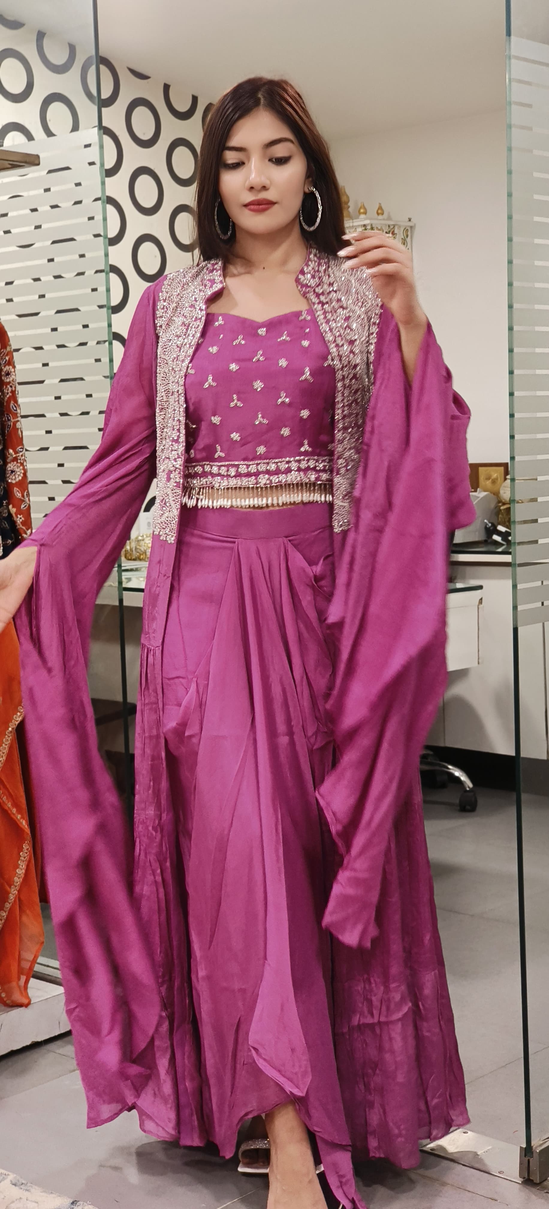 Designer Chinon Cut dana Embroidered Indowestern Crop top with Skirt And Shrug-09013,09014,09015