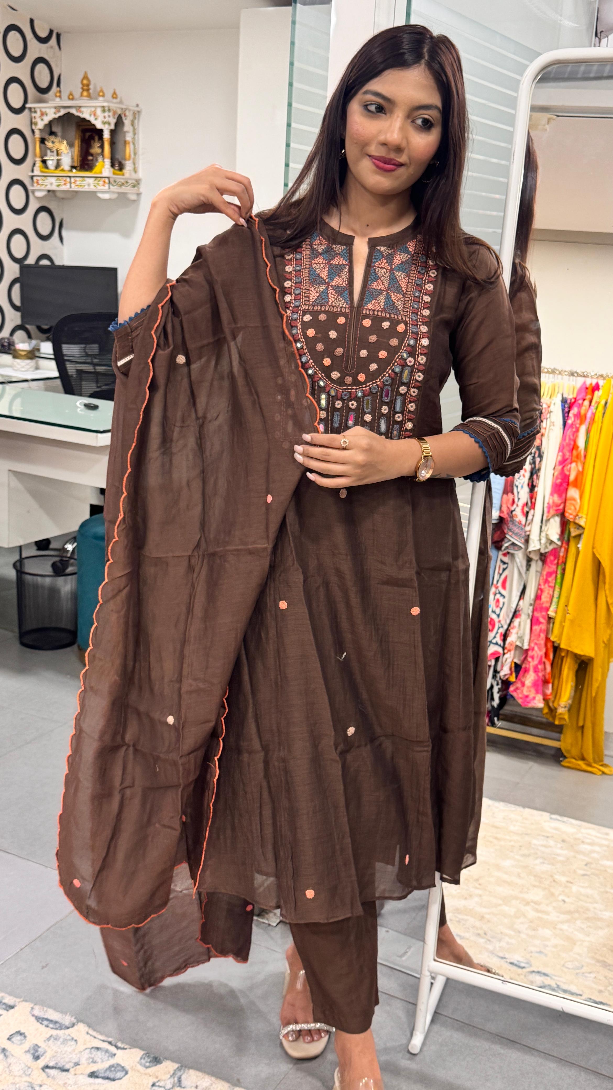 Elegant Chocolate Brown Pure Mul Chanderi Mirror Embroidered Suit Set-09042