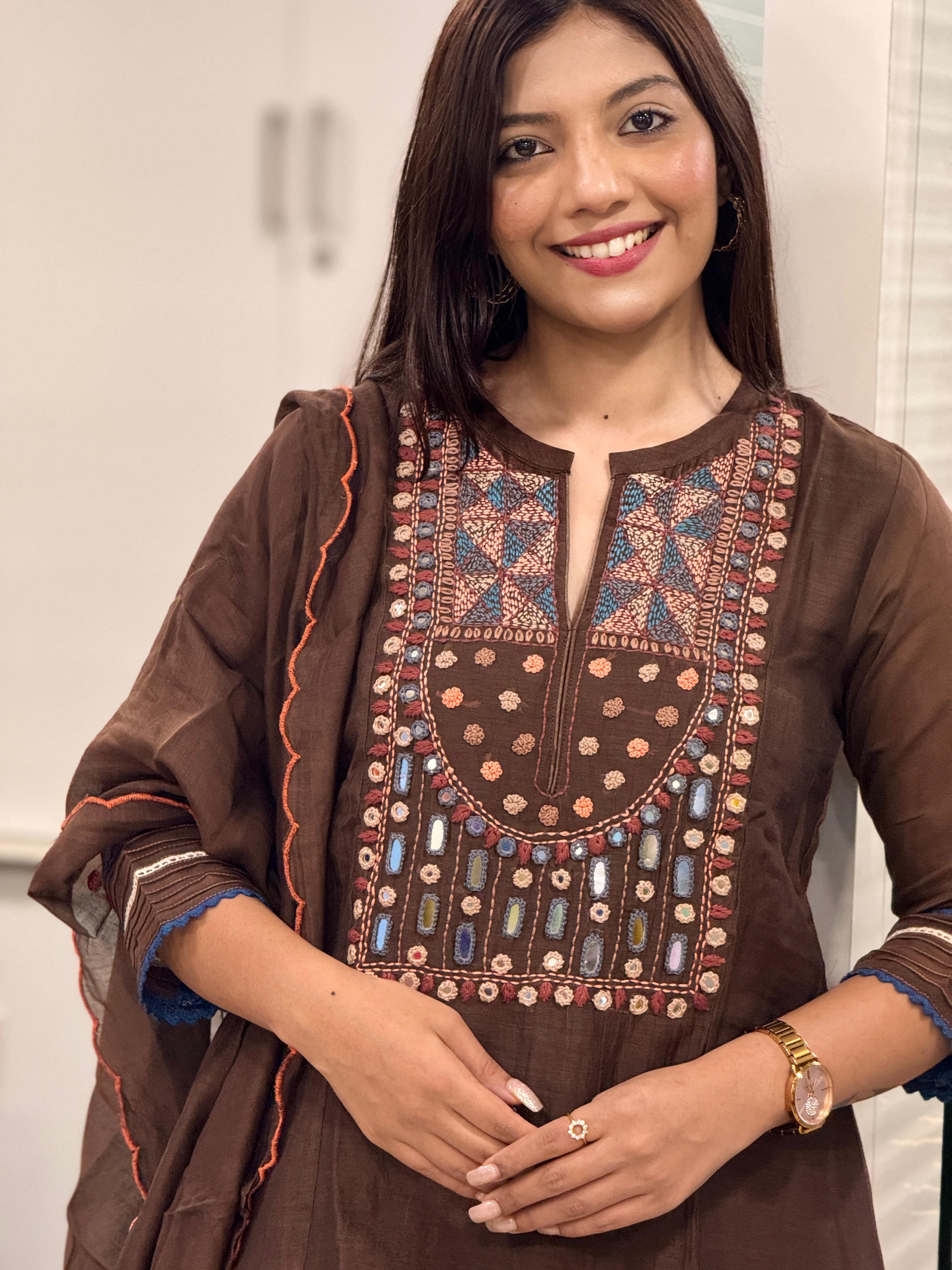 Elegant Chocolate Brown Pure Mul Chanderi Mirror Embroidered Suit Set-09042
