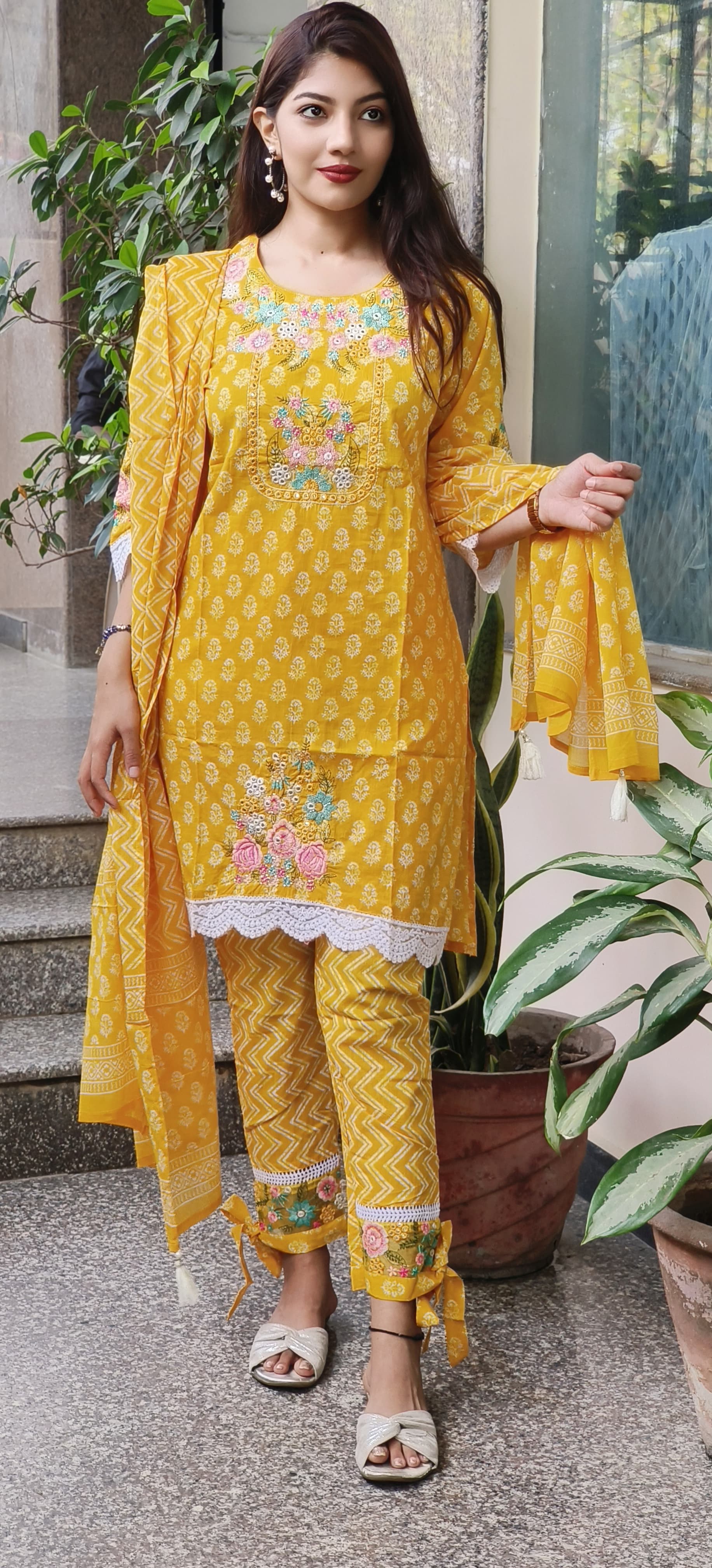 Elegant Cotton Embroidered Suit with Lace & Knot-Style Pants-09176,09177