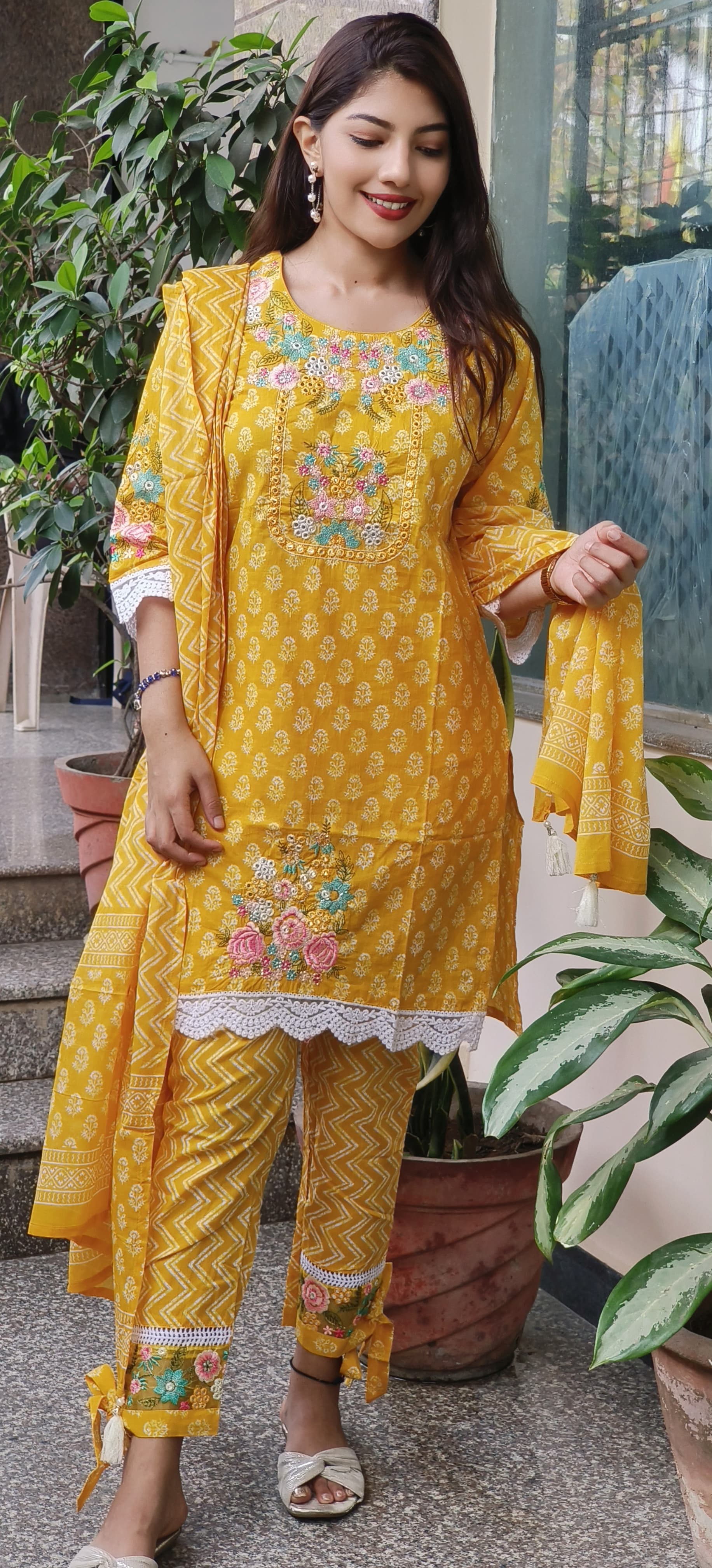 Elegant Cotton Embroidered Suit with Lace & Knot-Style Pants-09176,09177