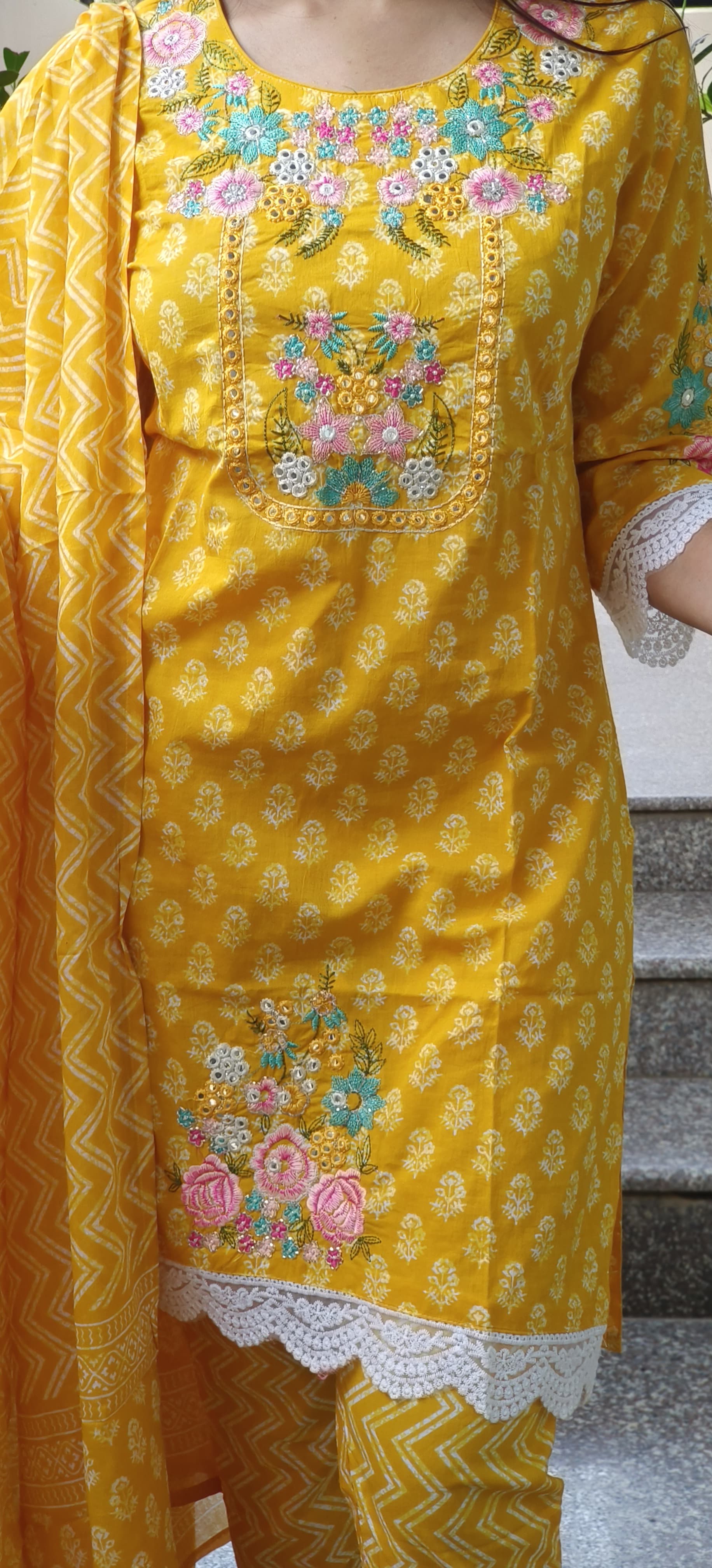 Elegant Cotton Embroidered Suit with Lace & Knot-Style Pants-09176,09177