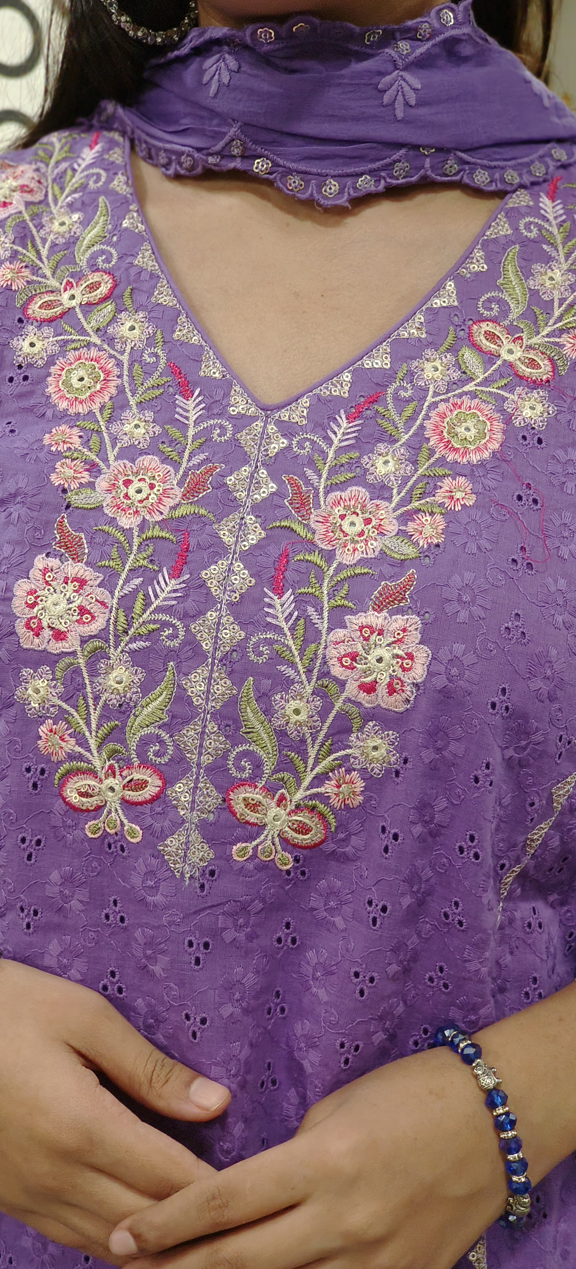 Short Length Shifli Cotton Kurta with Pant Organza Lace and Dupatta-09178