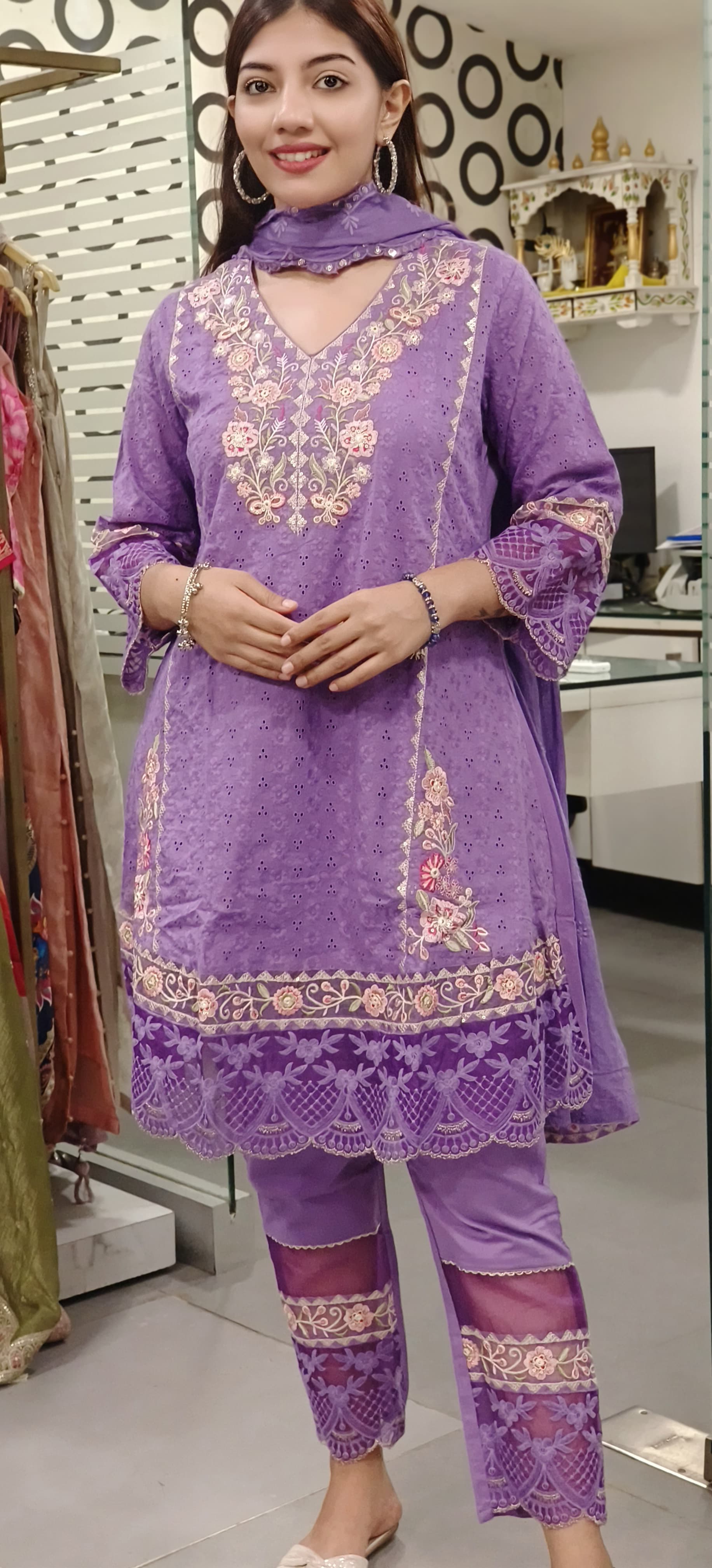 Short Length Shifli Cotton Kurta with Pant Organza Lace and Dupatta-09178
