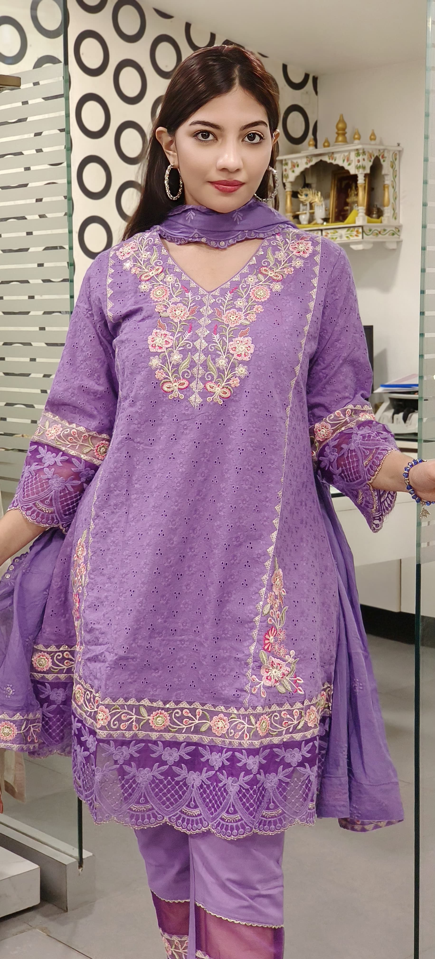 Short Length Shifli Cotton Kurta with Pant Organza Lace and Dupatta-09178