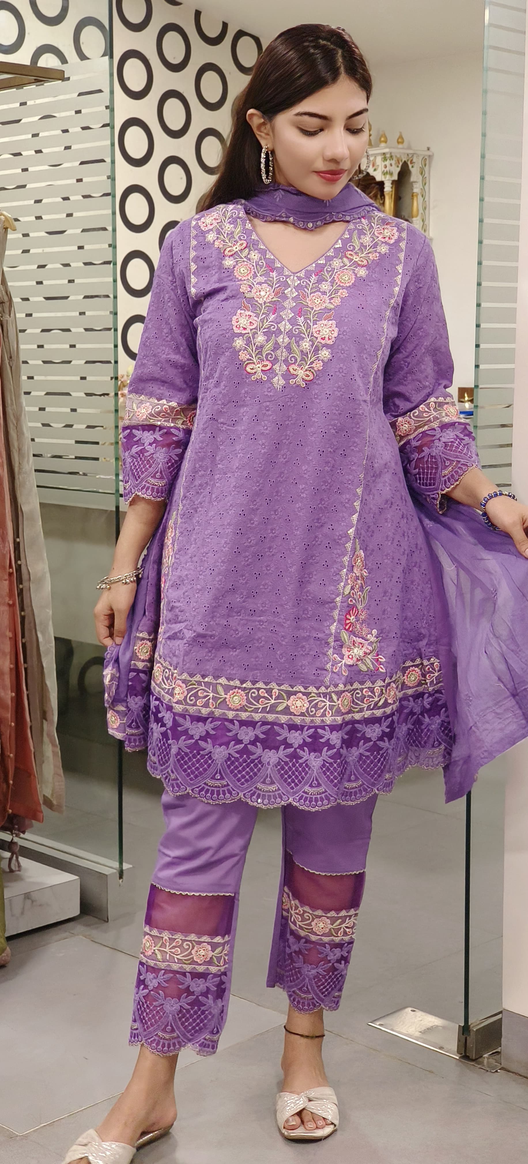 Short Length Shifli Cotton Kurta with Pant Organza Lace and Dupatta-09178