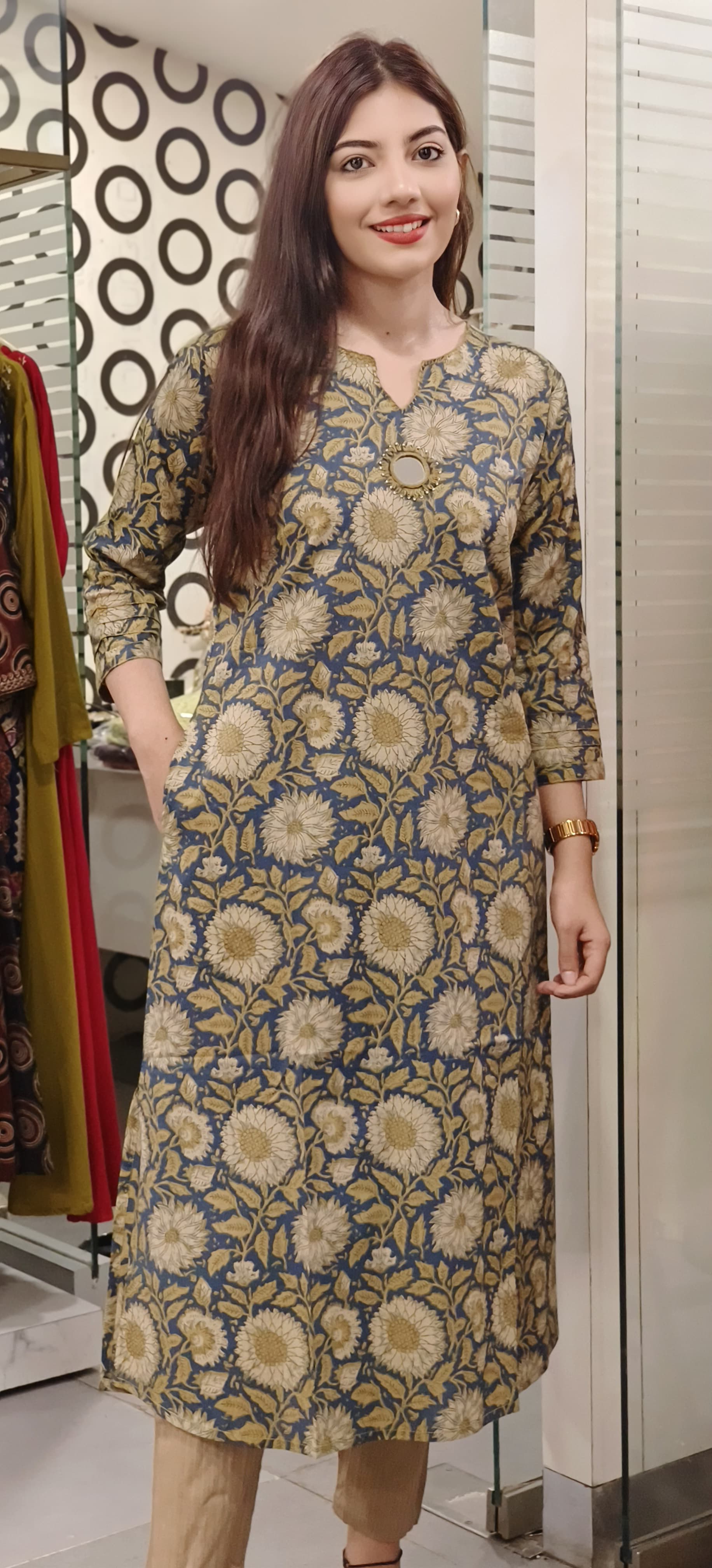 Flower Printed Aline Cotton With Mirror Emblishment Only Kurti With Pockets-09171,09172