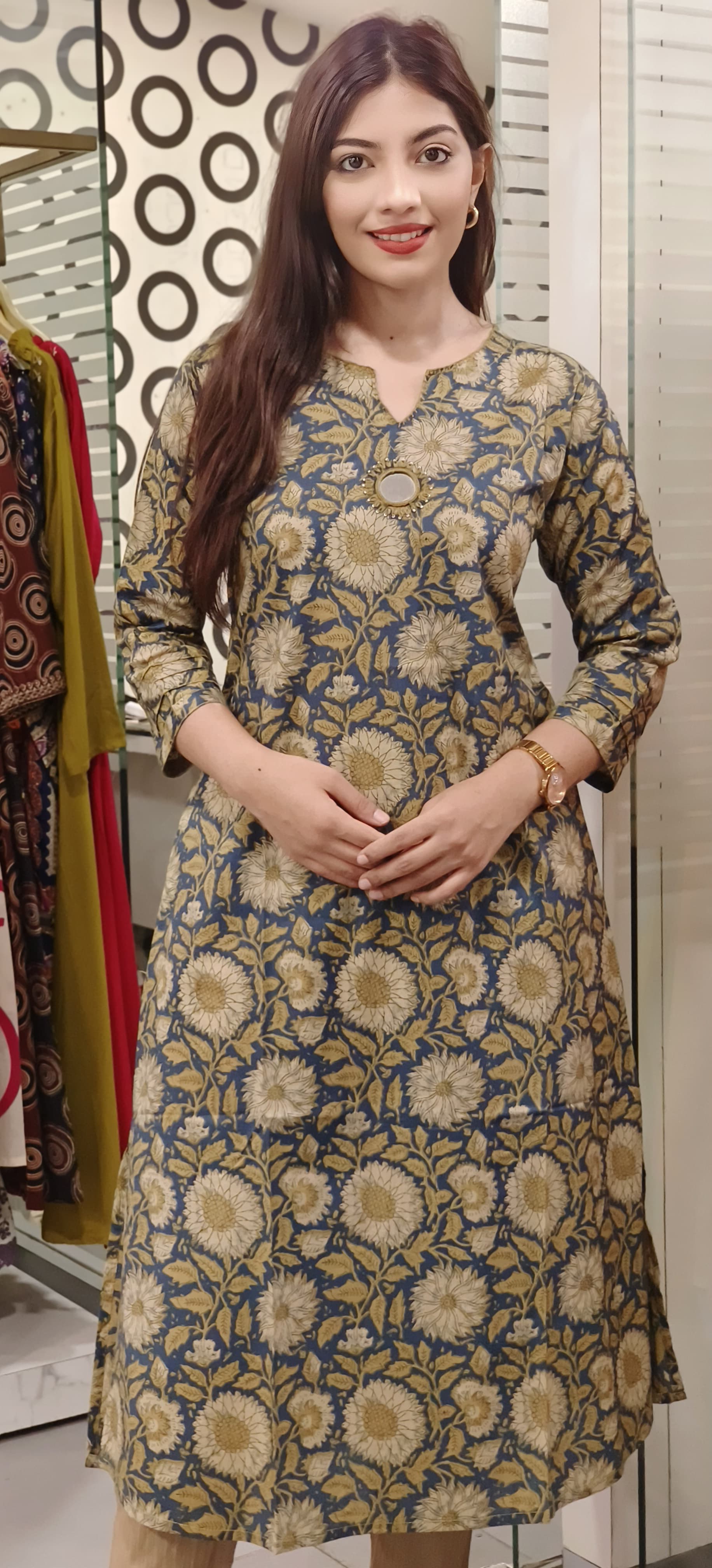 Flower Printed Aline Cotton With Mirror Emblishment Only Kurti With Pockets-09171,09172