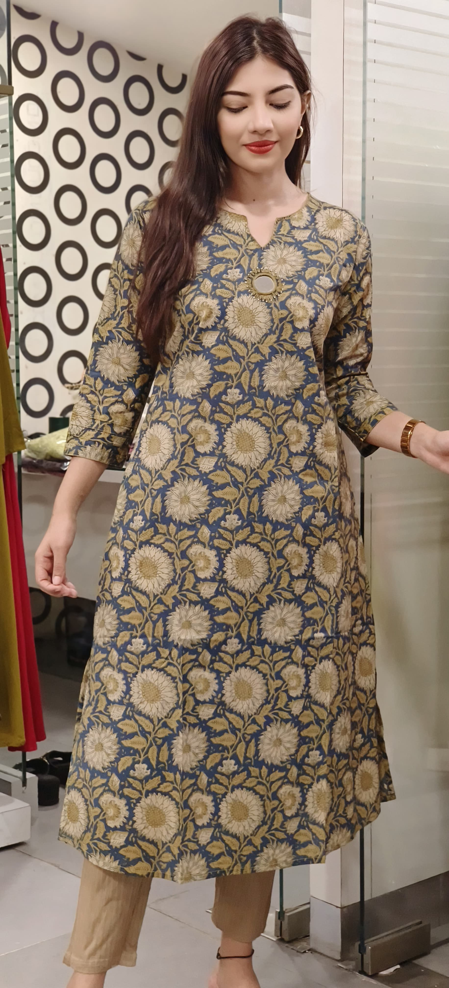Flower Printed Aline Cotton With Mirror Emblishment Only Kurti With Pockets-09171,09172