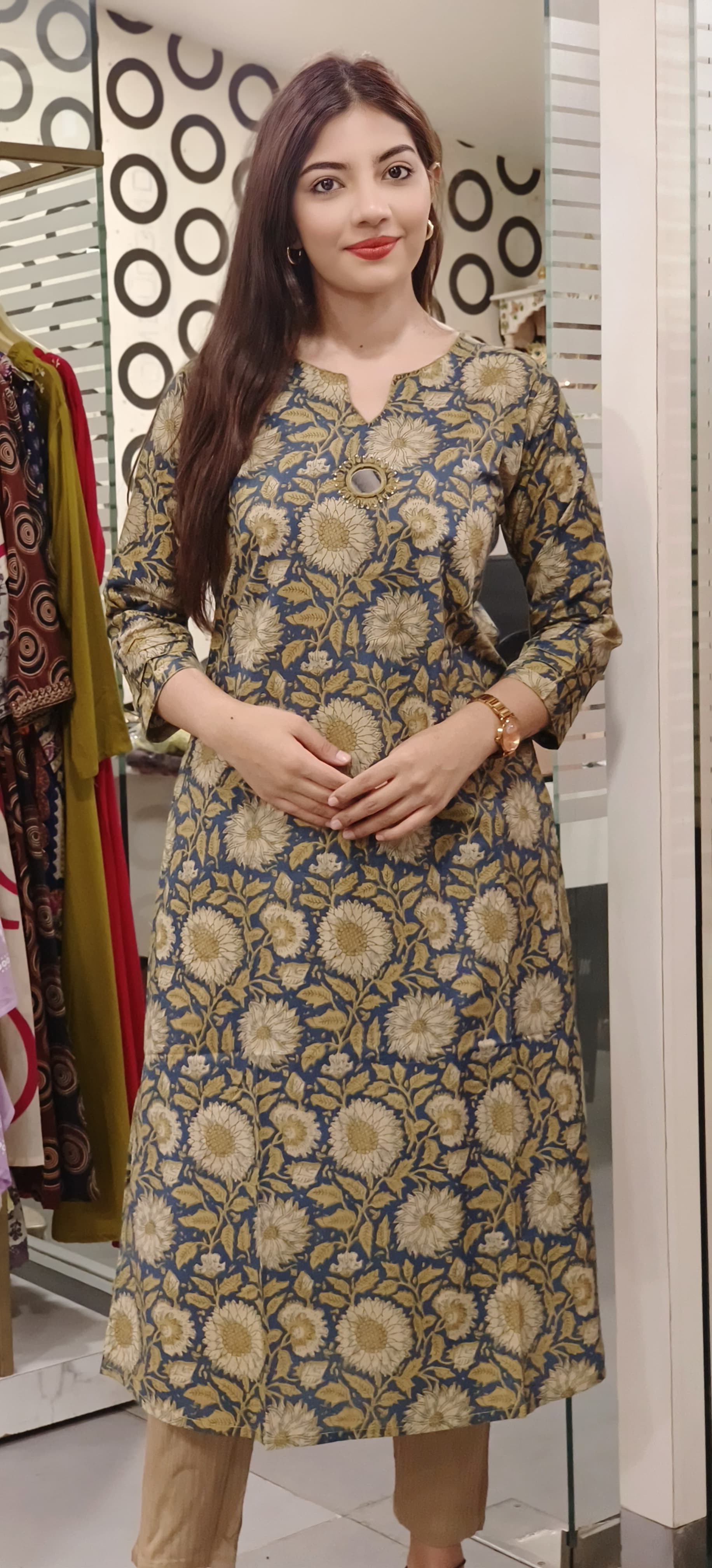 Flower Printed Aline Cotton With Mirror Emblishment Only Kurti With Pockets-09171,09172