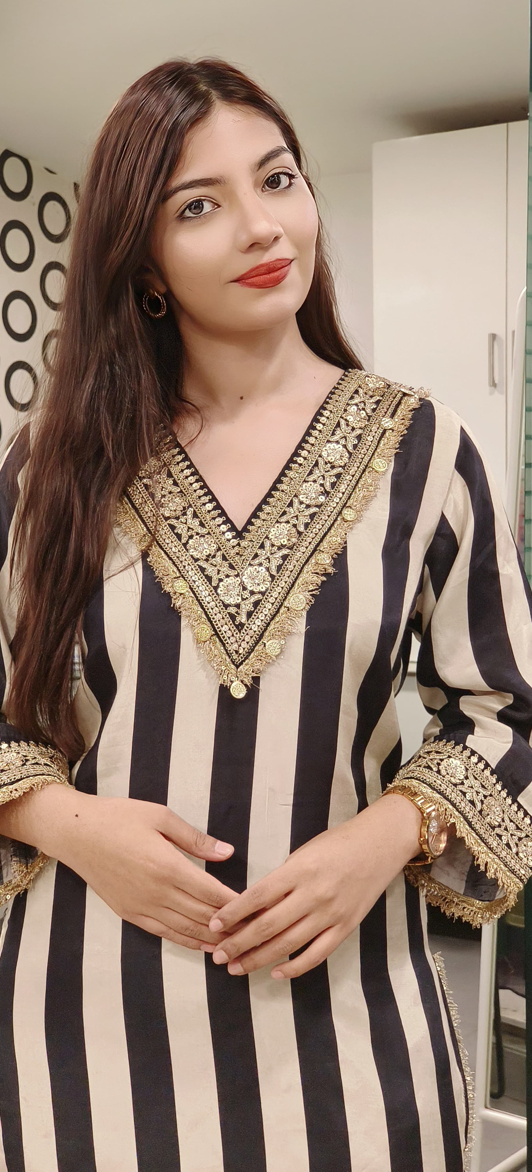 Luxury Striped Black & Gold Embellished Kurta with Intricate Handwork-09253