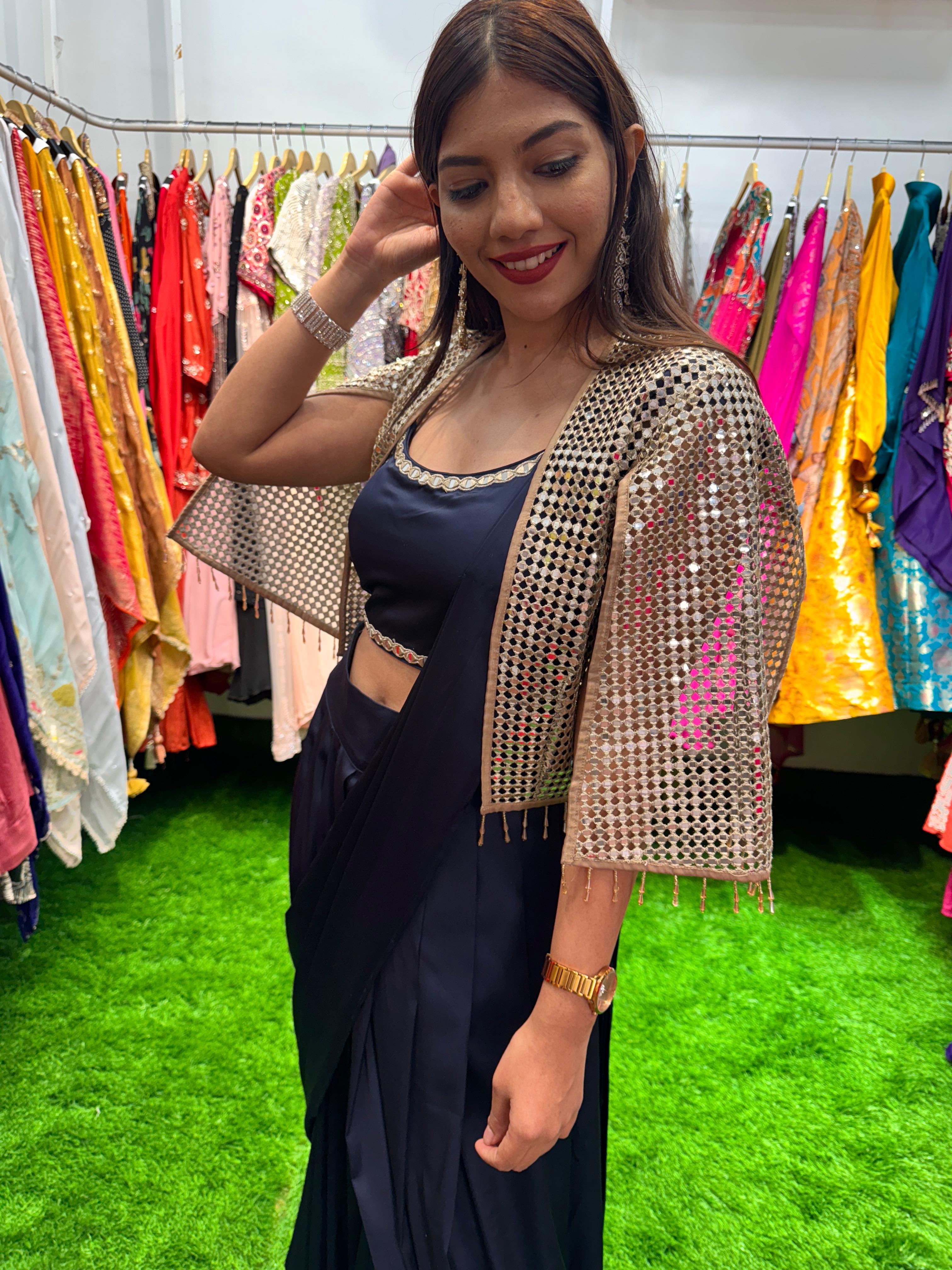 Midnight Glamour: Modern Draped Saree with Mirror Work Jacket & Embellished Blouse DRY WASH-ONLY ON ORDERS DISPATCHING AFTER 30 DAYS