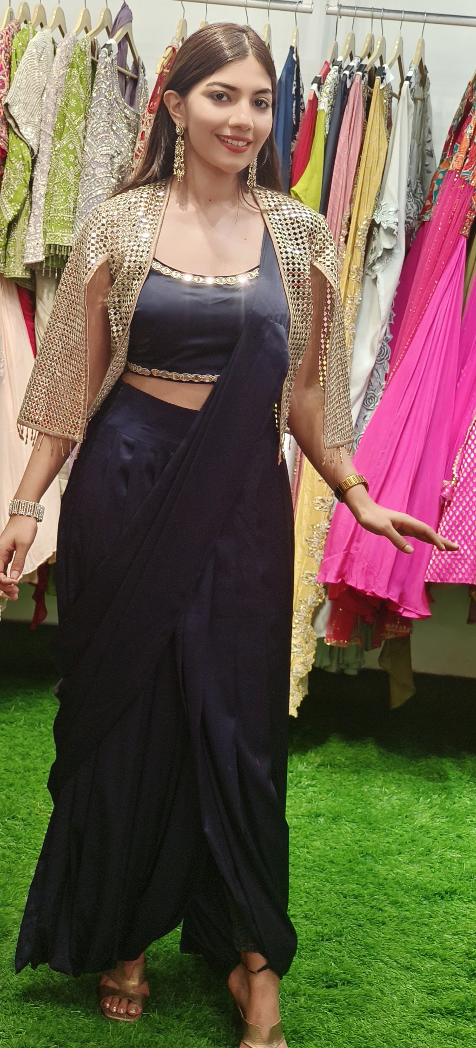Midnight Glamour: Modern Draped Saree with Mirror Work Jacket & Embellished Blouse DRY WASH-ONLY ON ORDERS DISPATCHING AFTER 30 DAYS