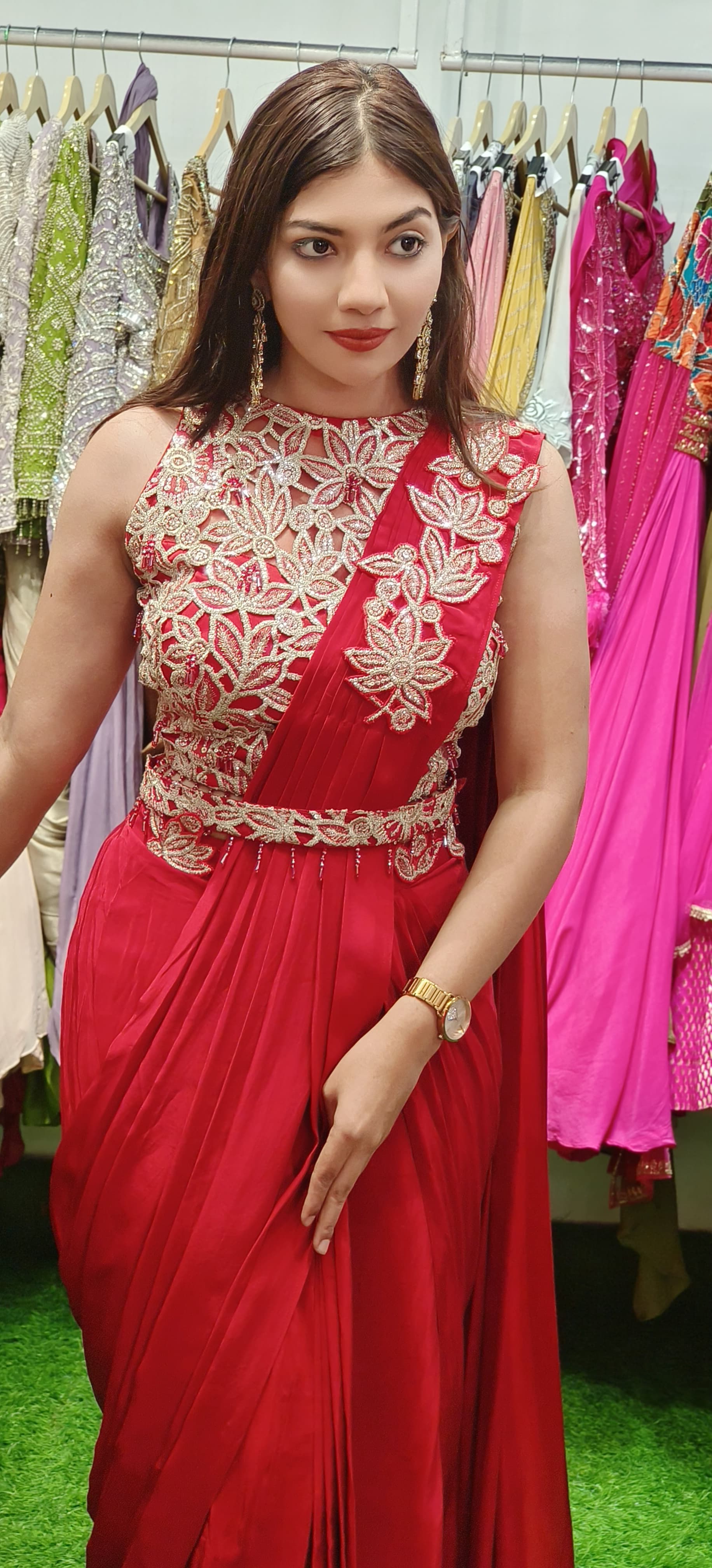 Ethereal Elegance: Cutwork Blouse with Draped Skirt Ensemble