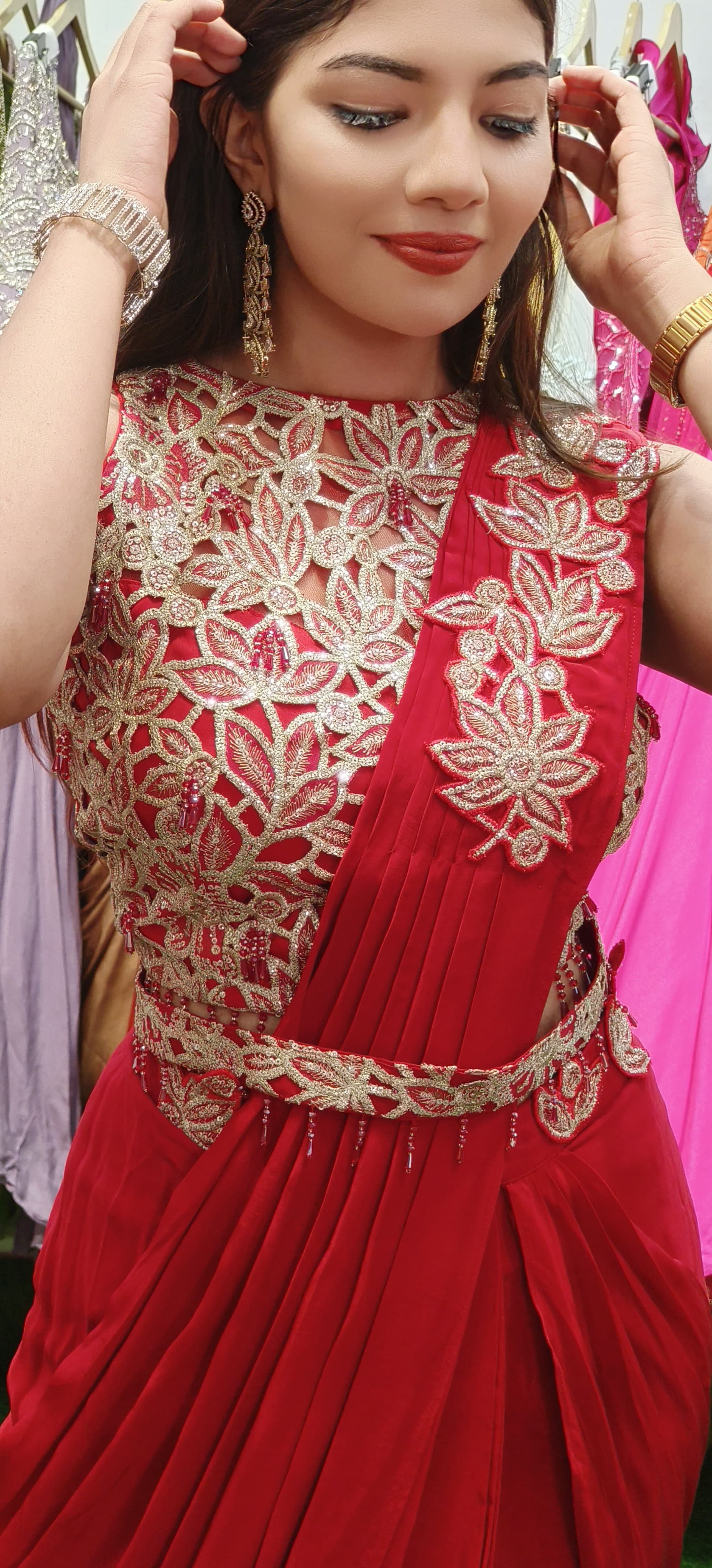 Ethereal Elegance: Cutwork Blouse with Draped Skirt Ensemble