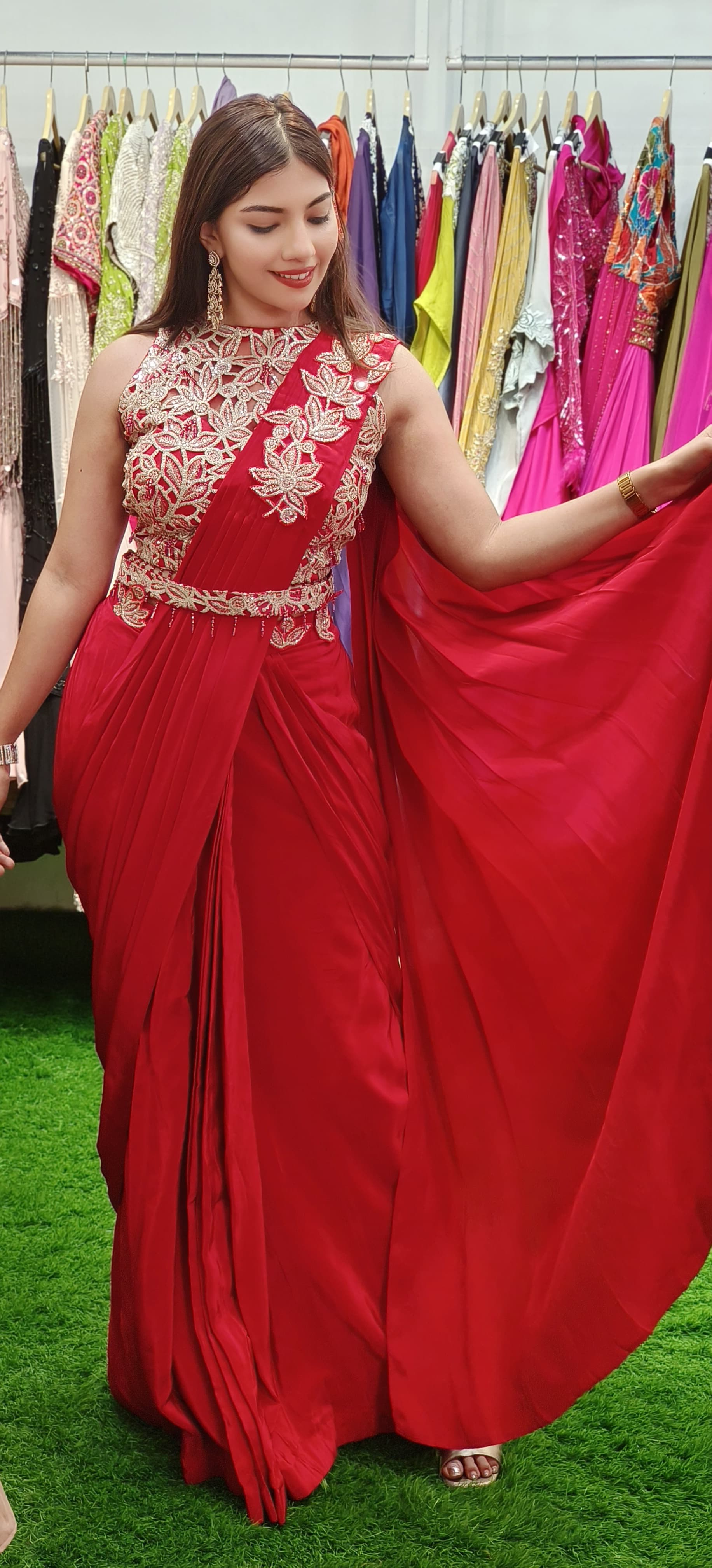 Ethereal Elegance: Cutwork Blouse with Draped Skirt Ensemble
