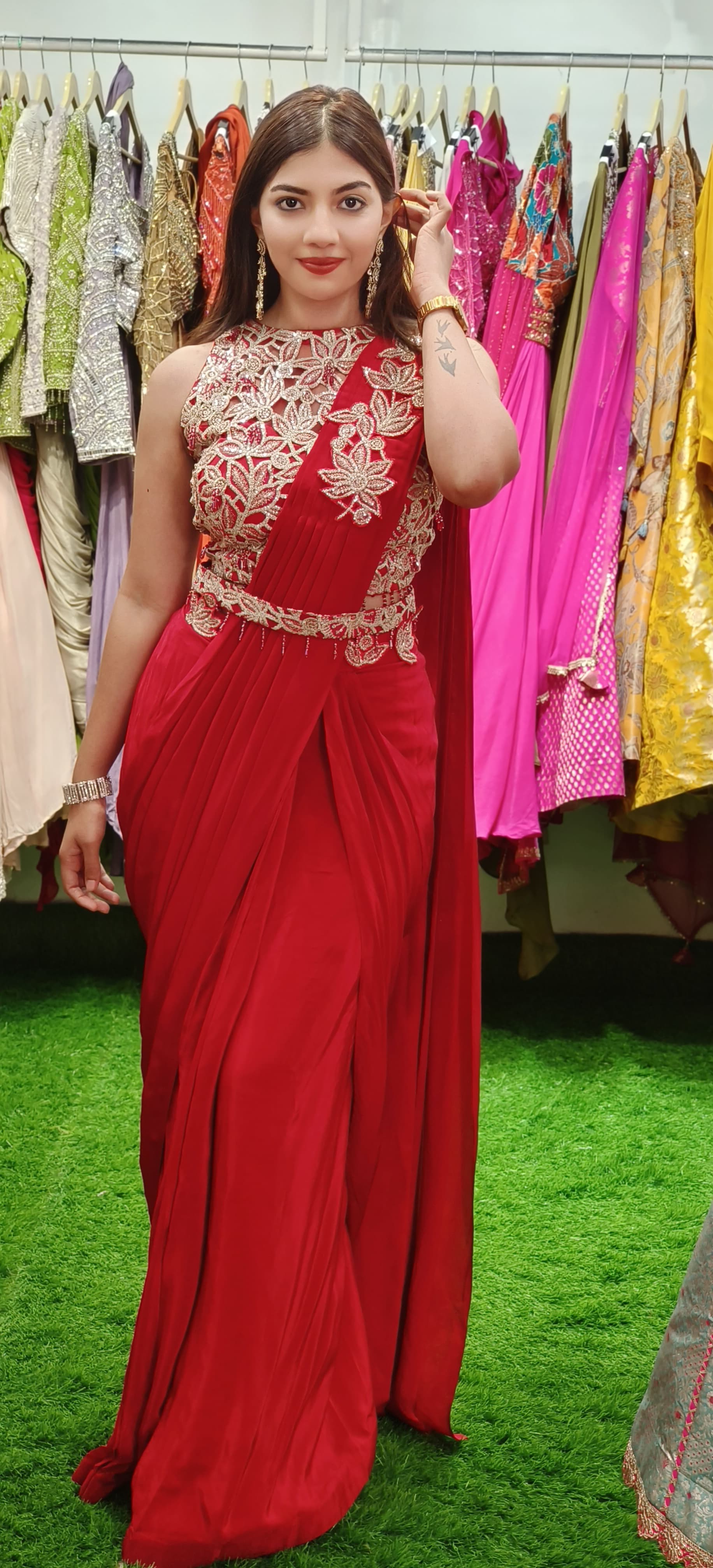 Ethereal Elegance: Cutwork Blouse with Draped Skirt Ensemble
