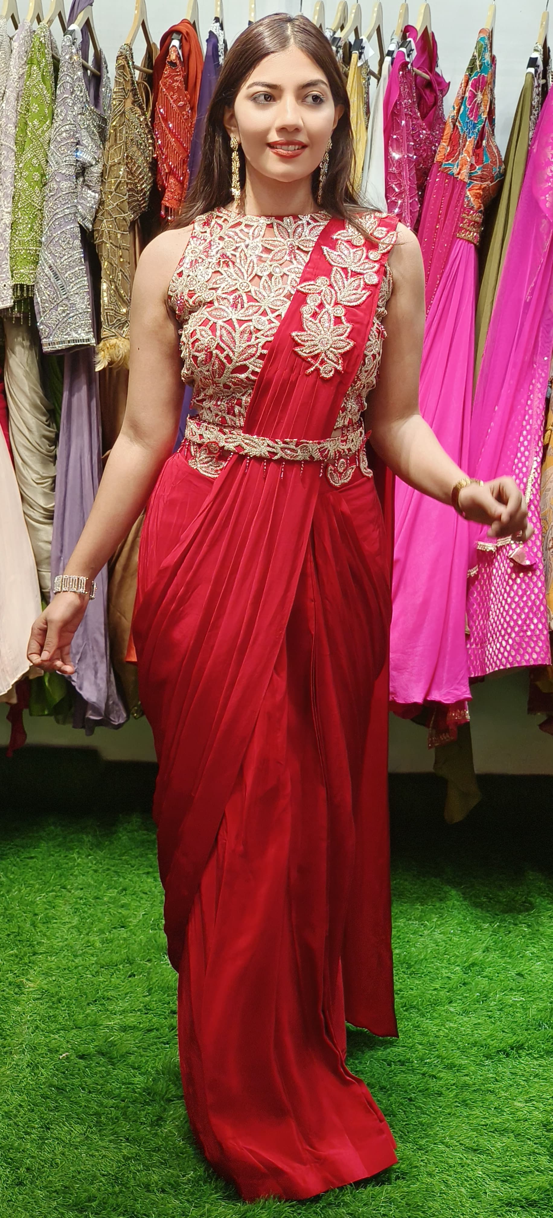 Ethereal Elegance: Cutwork Blouse with Draped Skirt Ensemble