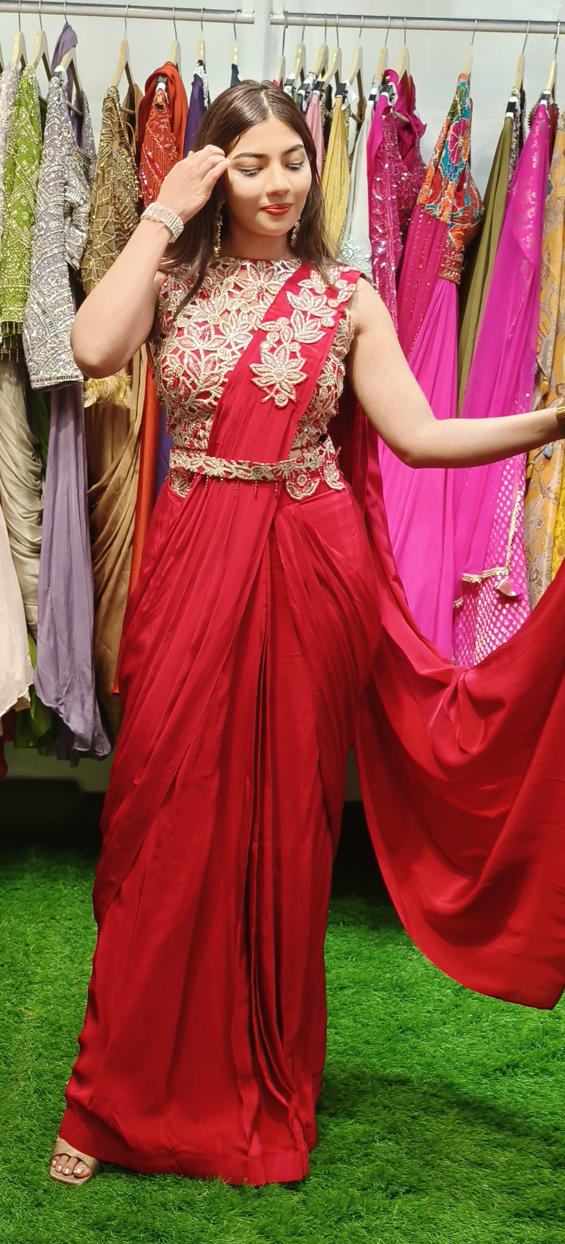 Ethereal Elegance: Cutwork Blouse with Draped Skirt Ensemble