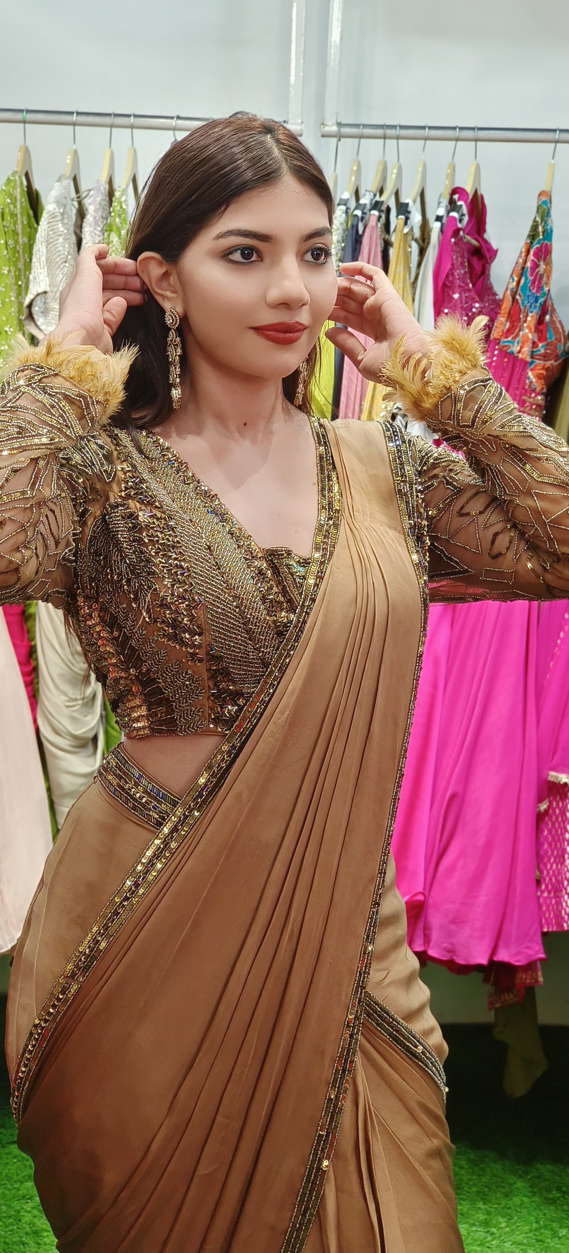 Golden Radiance Luxe Hand-Embroidered Saree with Sheer Statement Blouse