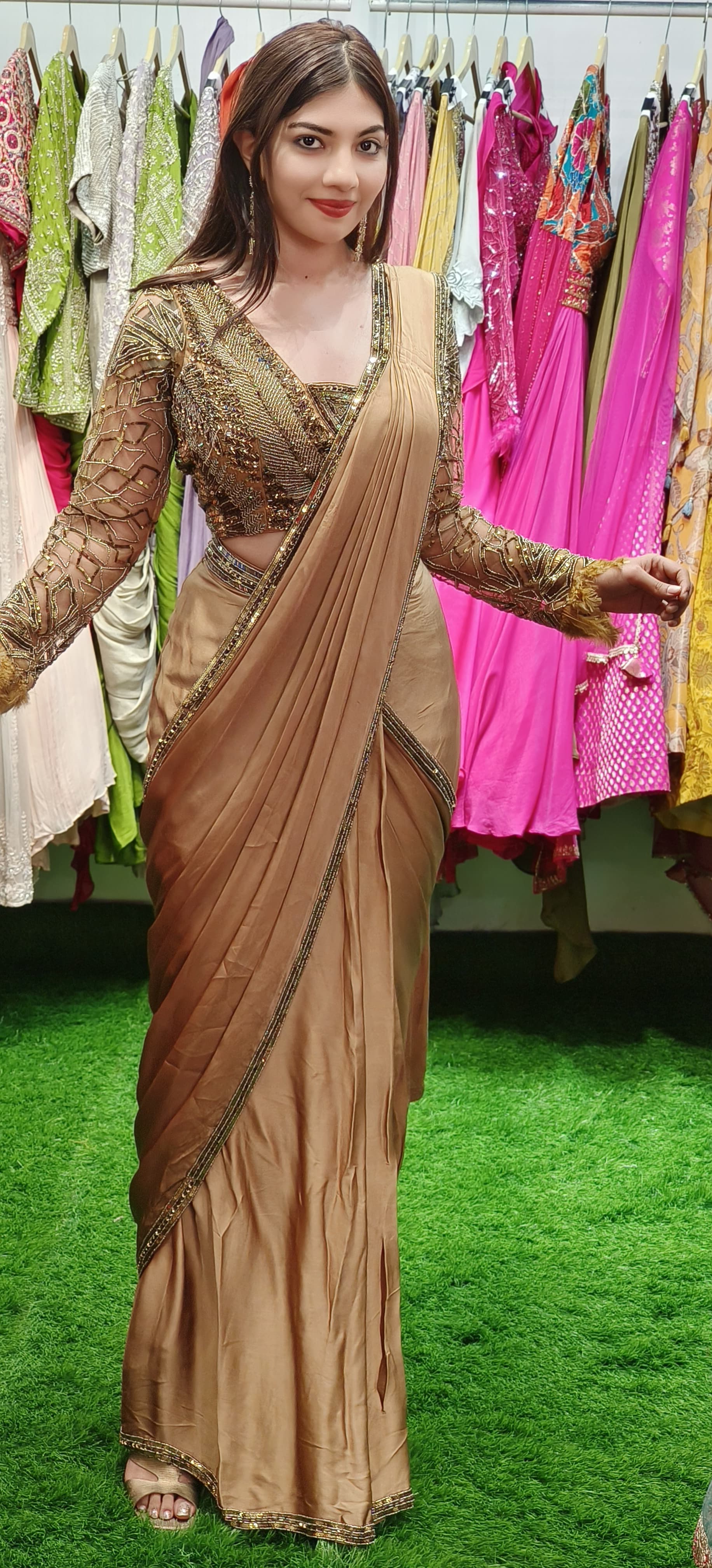 Golden Radiance Luxe Hand-Embroidered Saree with Sheer Statement Blouse