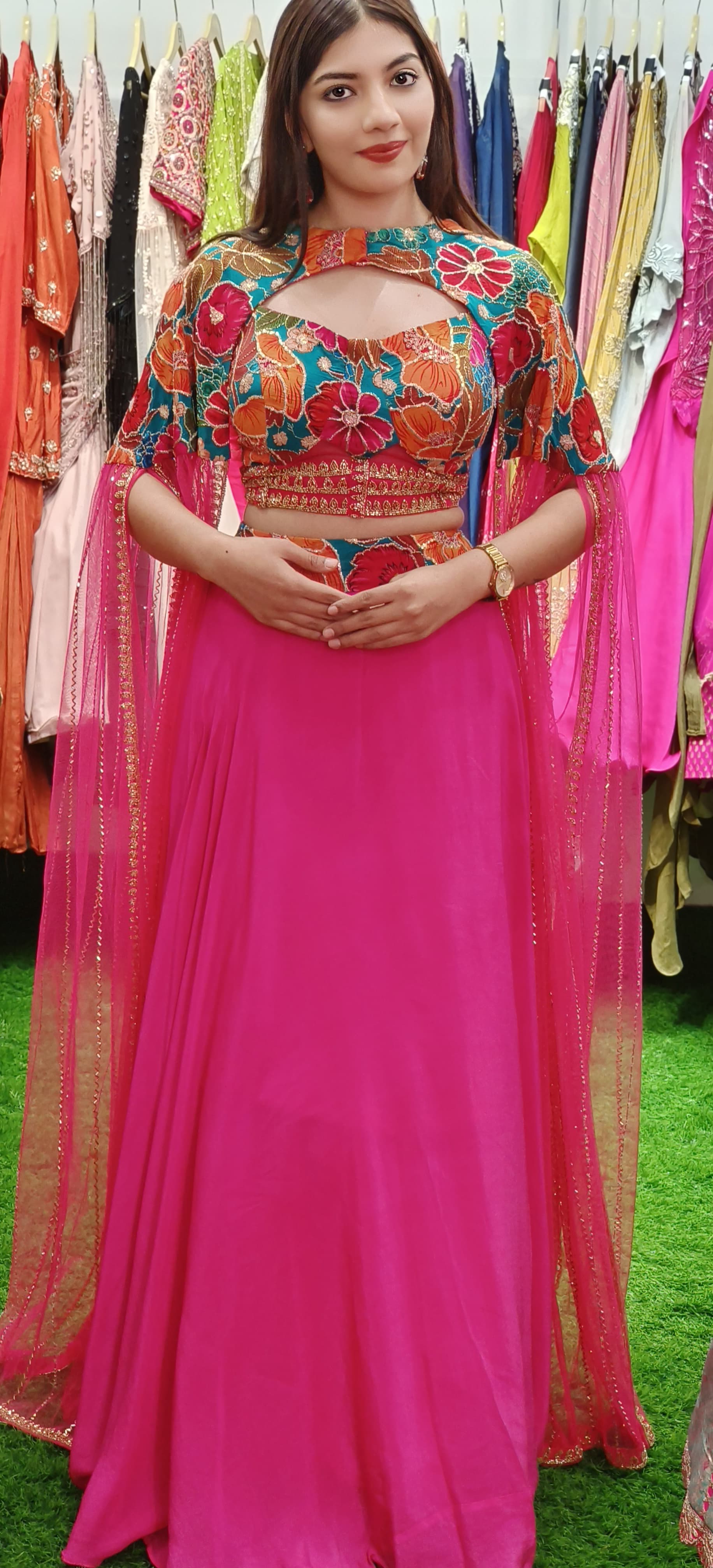 Floral Fantasy: Vibrant Pink Lehenga with Hand-Embroidered Multicolor Cape Blouse ONLY ON ORDERS DISPATCHING AFTER 30 DAYS