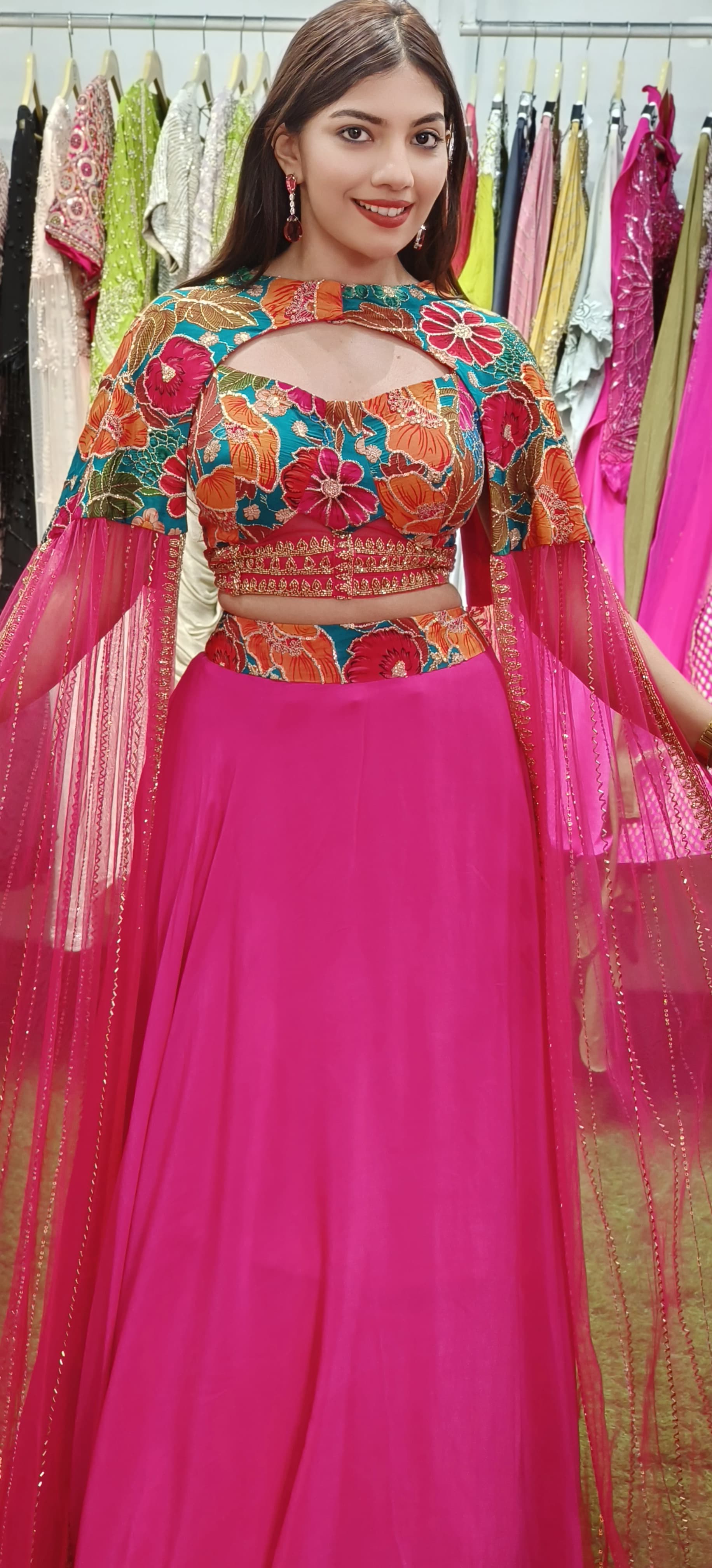 Floral Fantasy: Vibrant Pink Lehenga with Hand-Embroidered Multicolor Cape Blouse ONLY ON ORDERS DISPATCHING AFTER 30 DAYS