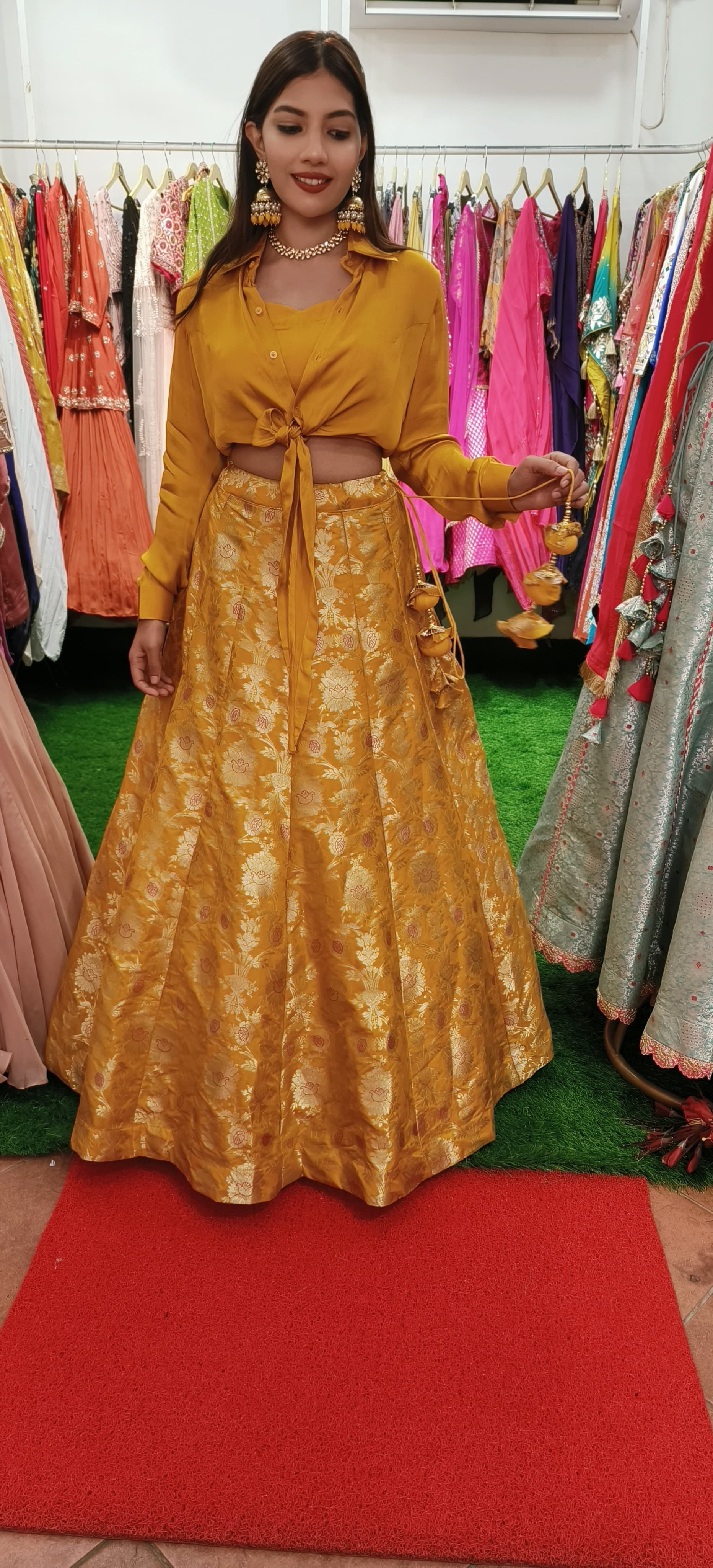 Satin Knot-Style Indo-Western Shirt Paired with Banarasi Skirt DRY WASH-ONLY ON ORDERS DISPATCHING AFTER 30 DAYS