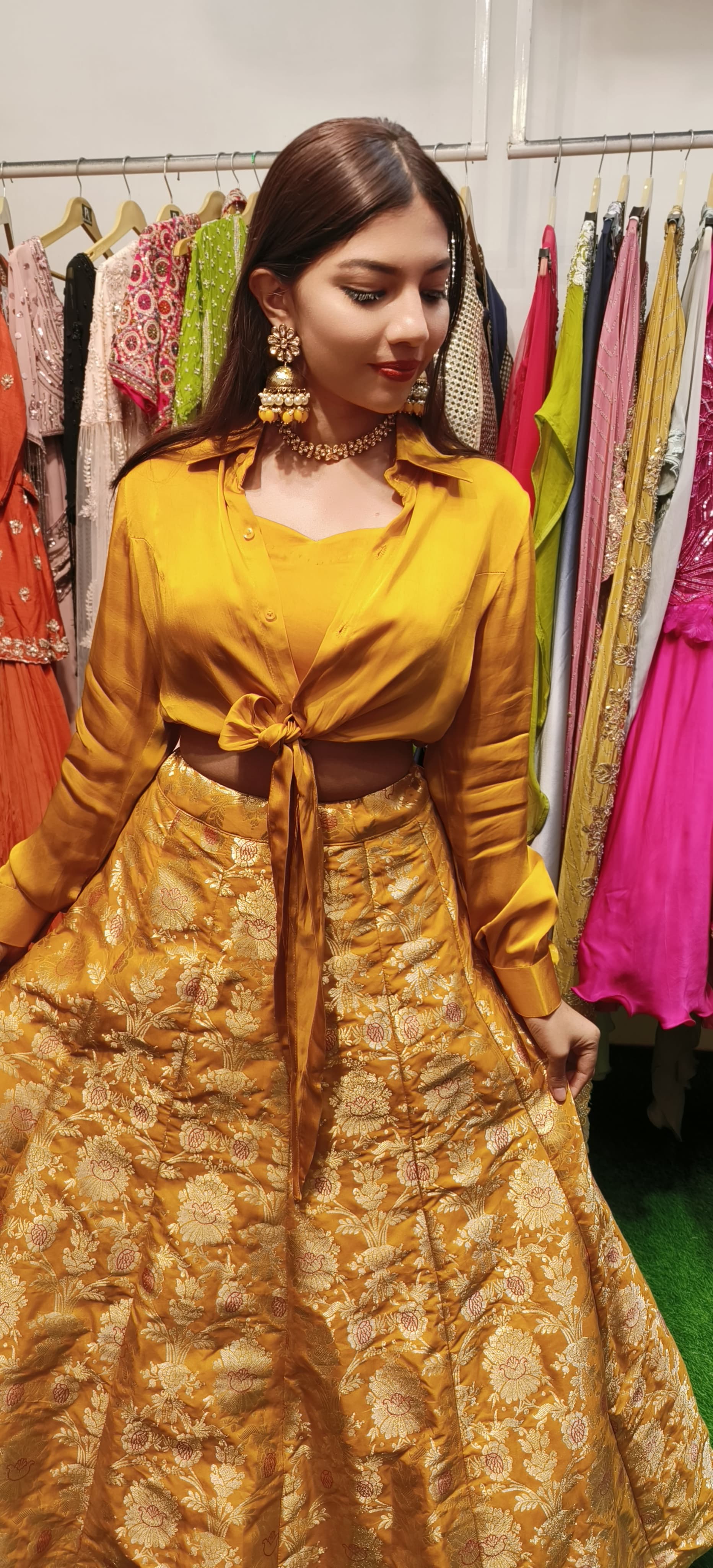 Satin Knot-Style Indo-Western Shirt Paired with Banarasi Skirt DRY WASH-ONLY ON ORDERS DISPATCHING AFTER 30 DAYS