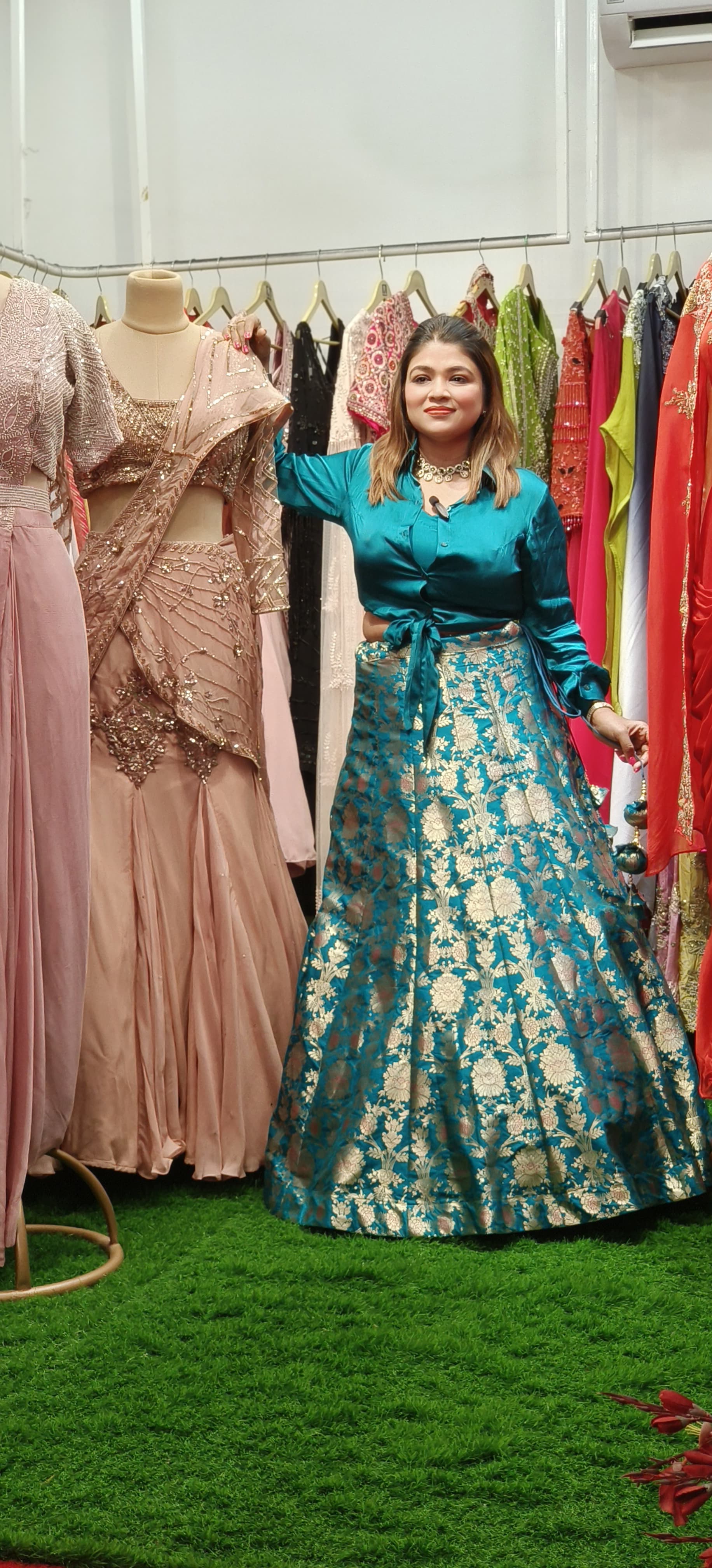 Satin Knot-Style Indo-Western Shirt Paired with Banarasi Skirt DRY WASH-ONLY ON ORDERS DISPATCHING AFTER 30 DAYS