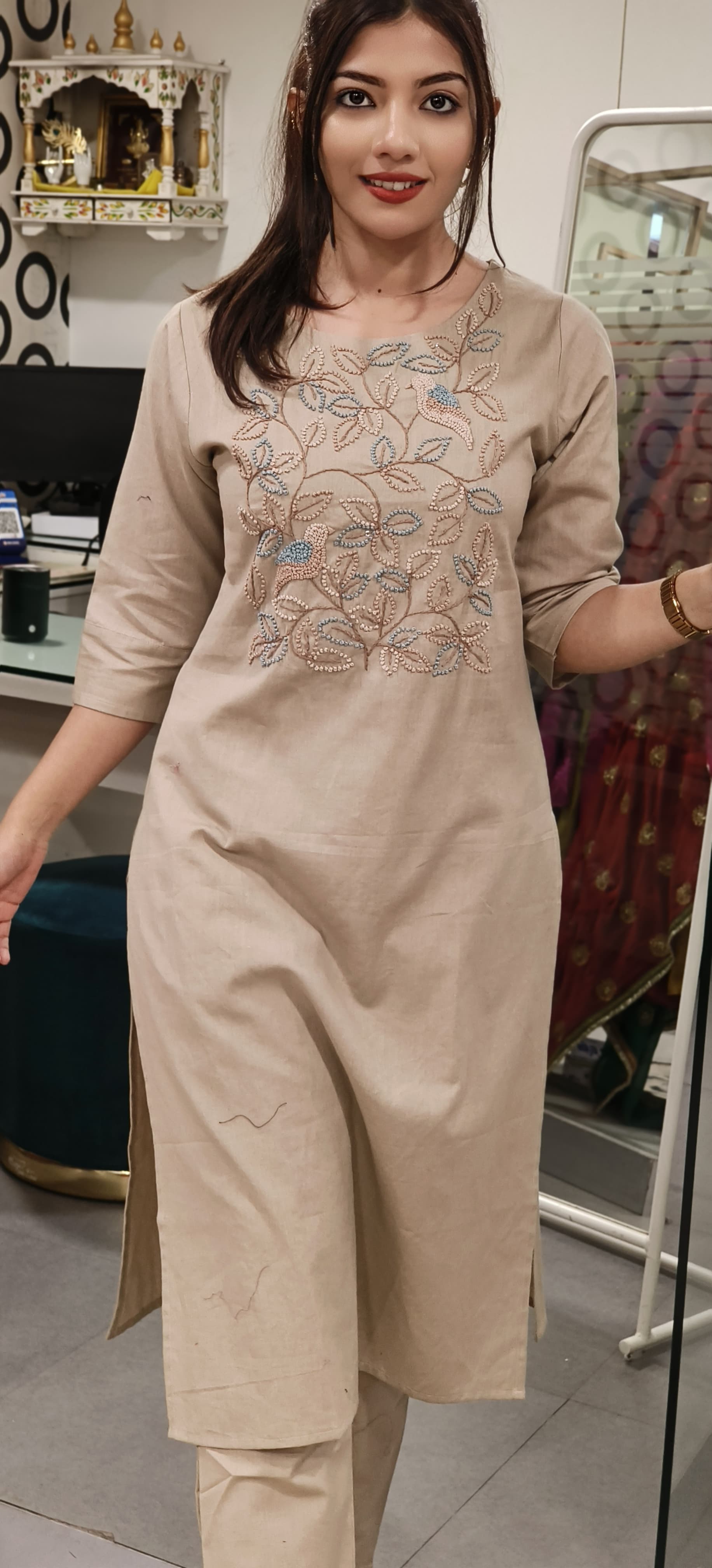 Exquisite Thread-Embroidered Cotton Kurta with Matching Pants Timeless Elegance for Every Occasion-09129,09130