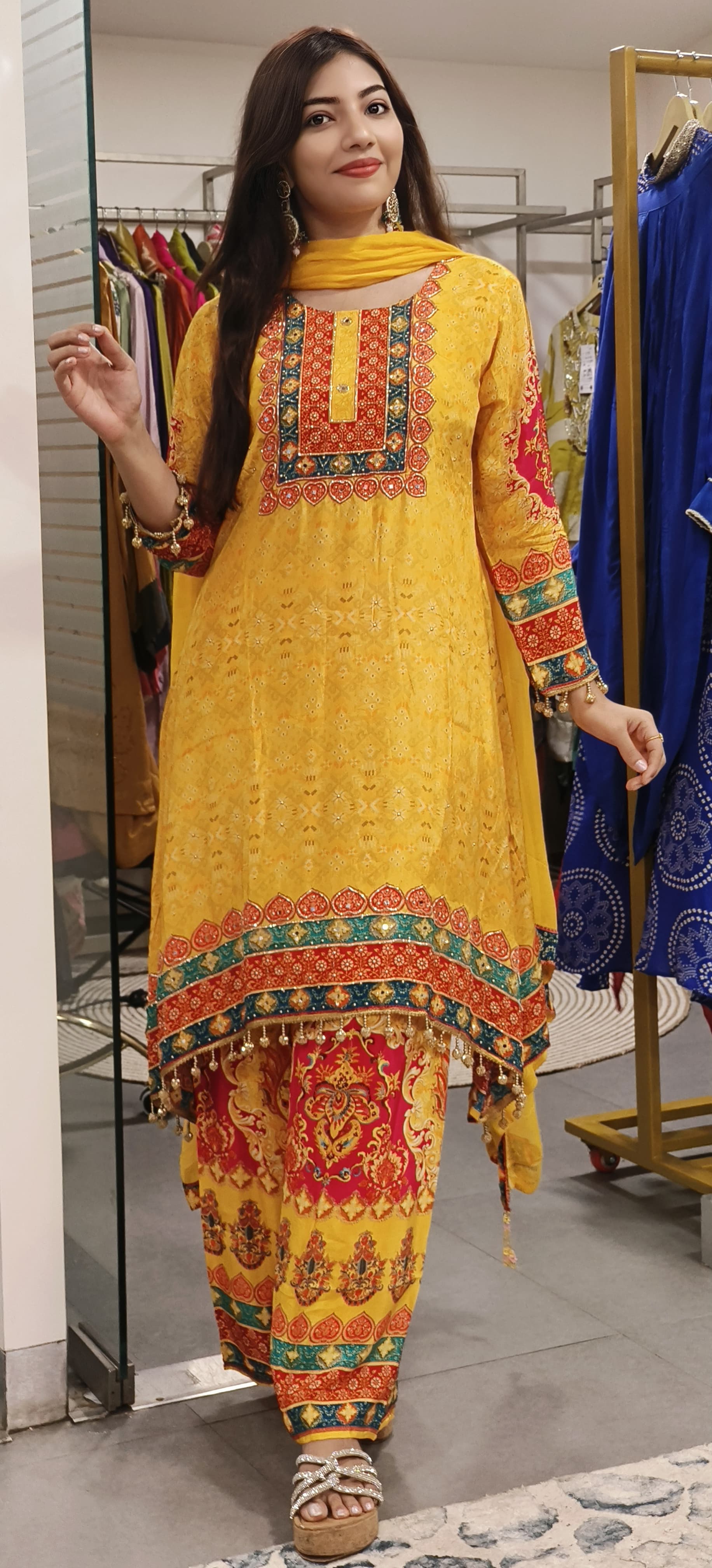 Yellow Pure Crape Zardosi & Mirror Work Suit Set with Printed Palazzo Charm-09211