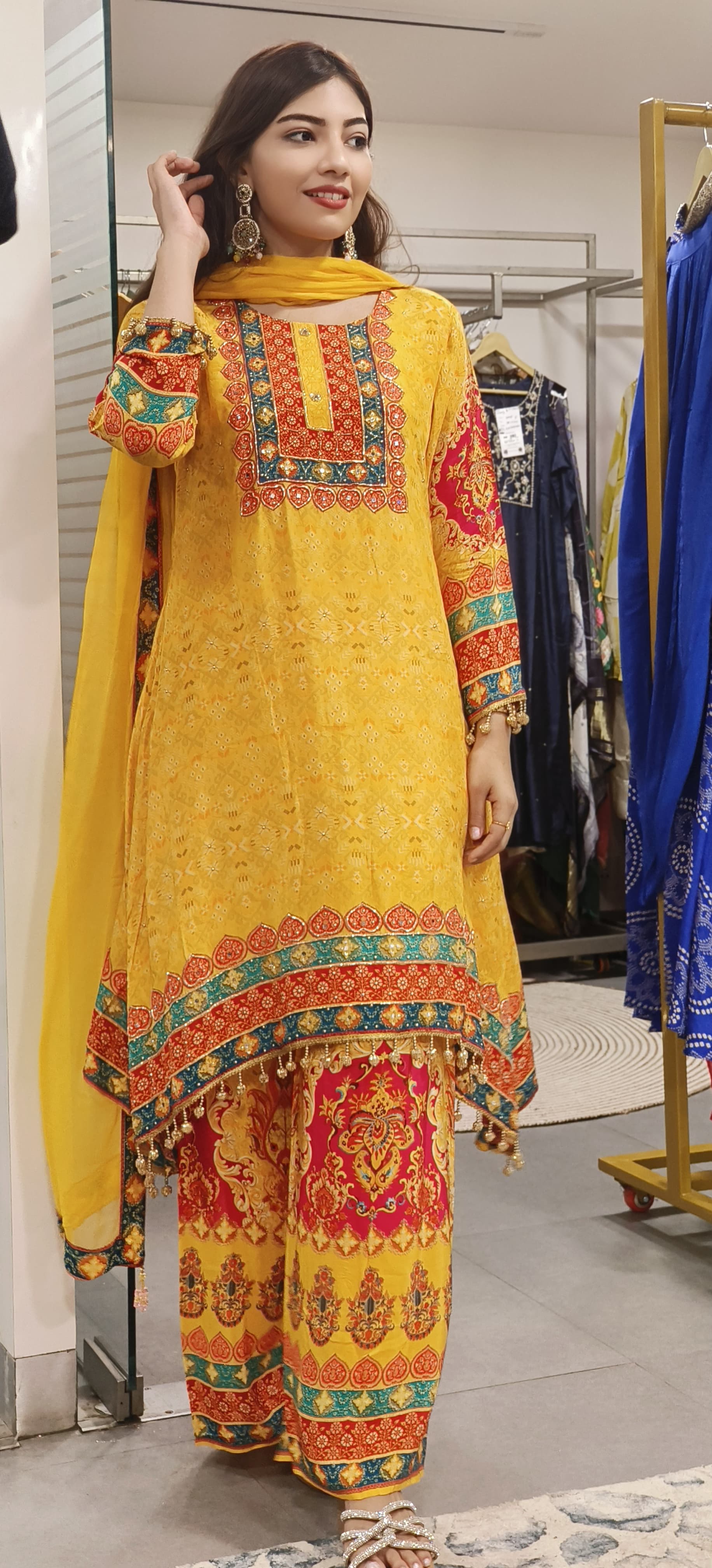 Yellow Pure Crape Zardosi & Mirror Work Suit Set with Printed Palazzo Charm-09211
