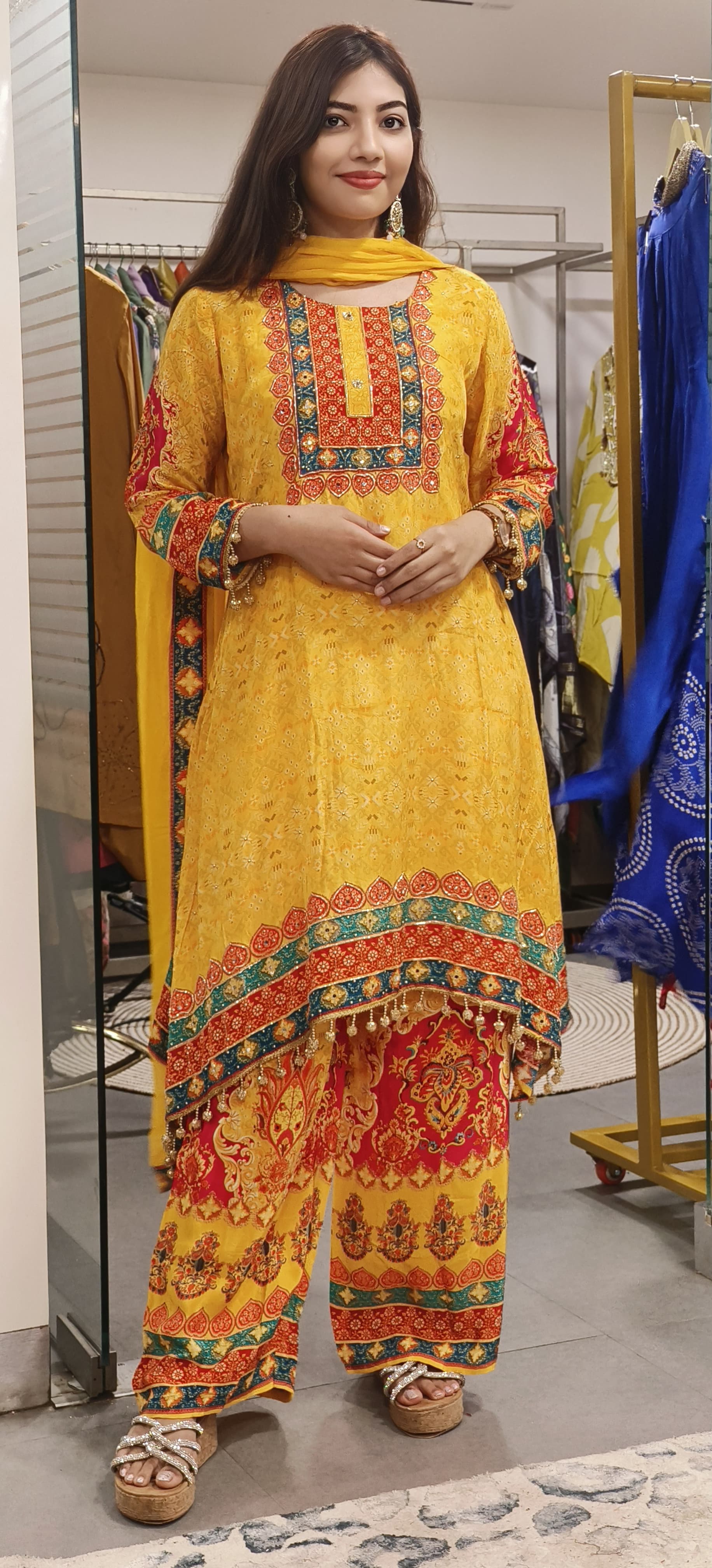 Yellow Pure Crape Zardosi & Mirror Work Suit Set with Printed Palazzo Charm-09211