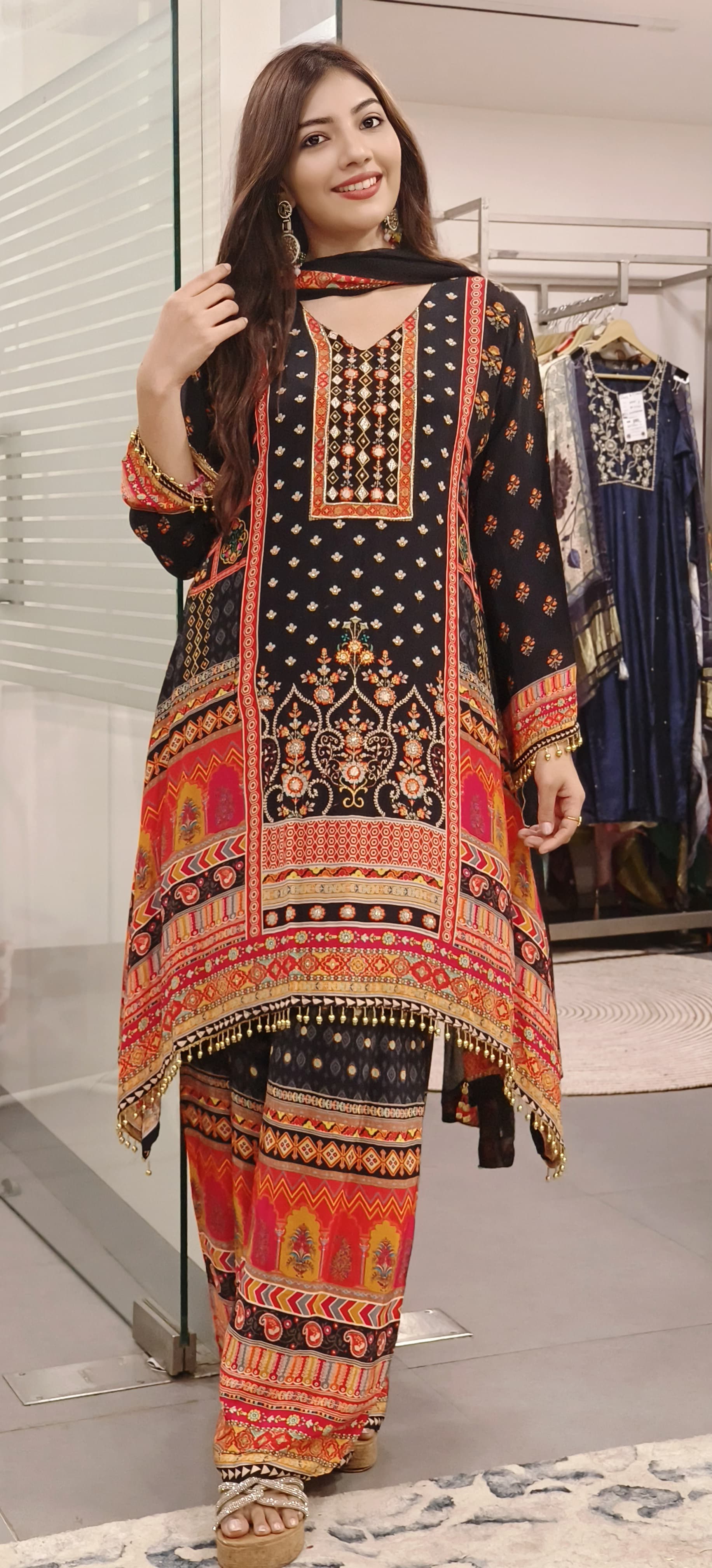 Black Pure Crape Zardosi & Real Mirror Work Suit Set with Flowy Palazzo Pants