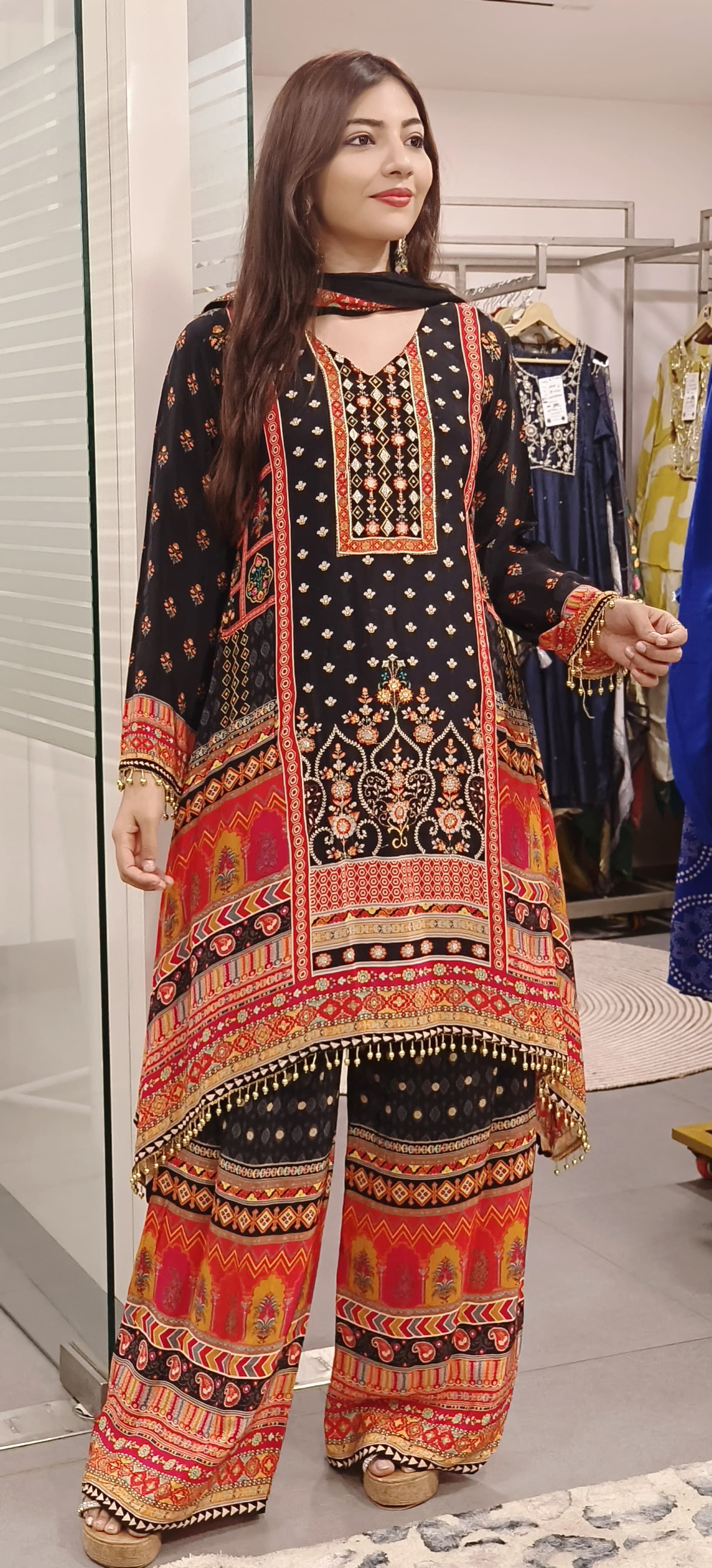 Black Pure Crape Zardosi & Real Mirror Work Suit Set with Flowy Palazzo Pants
