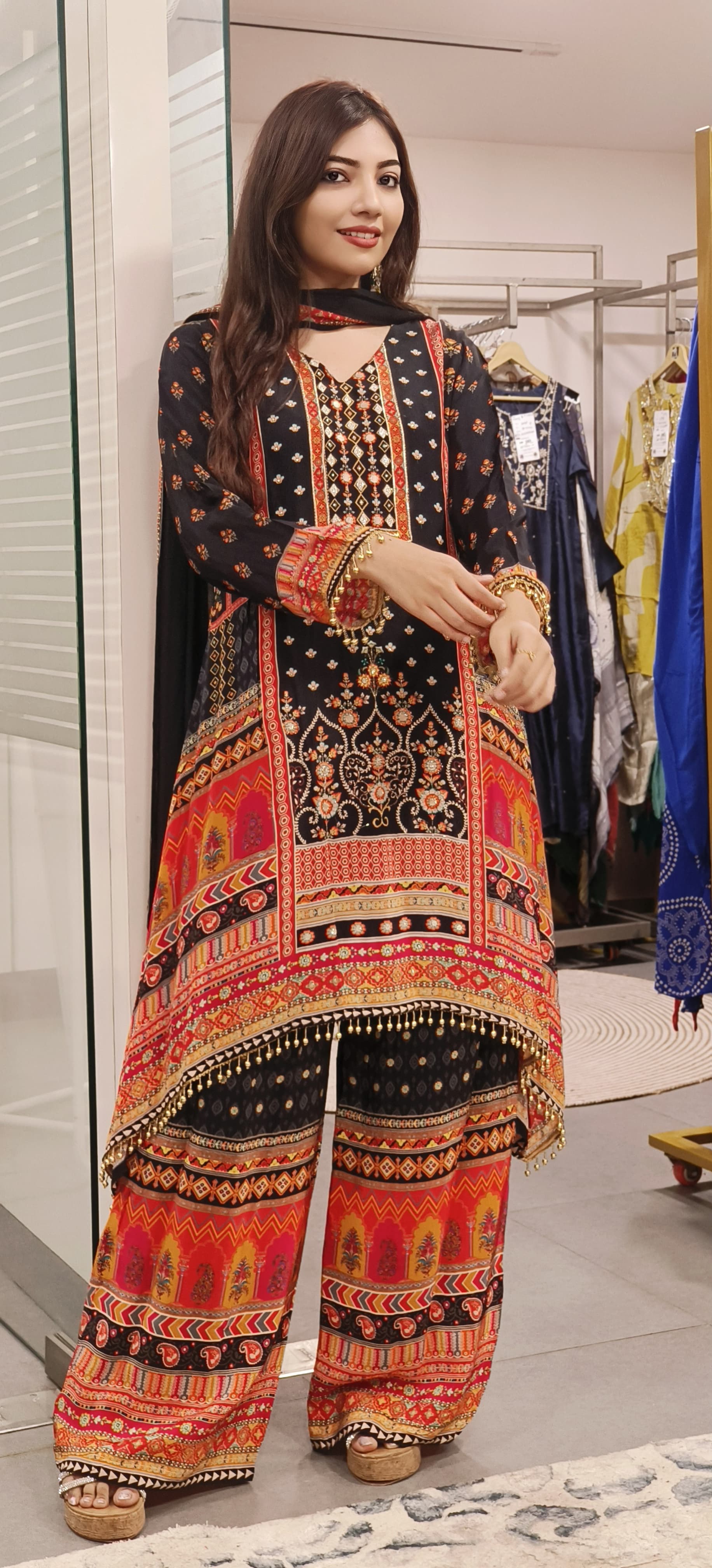 Black Pure Crape Zardosi & Real Mirror Work Suit Set with Flowy Palazzo Pants