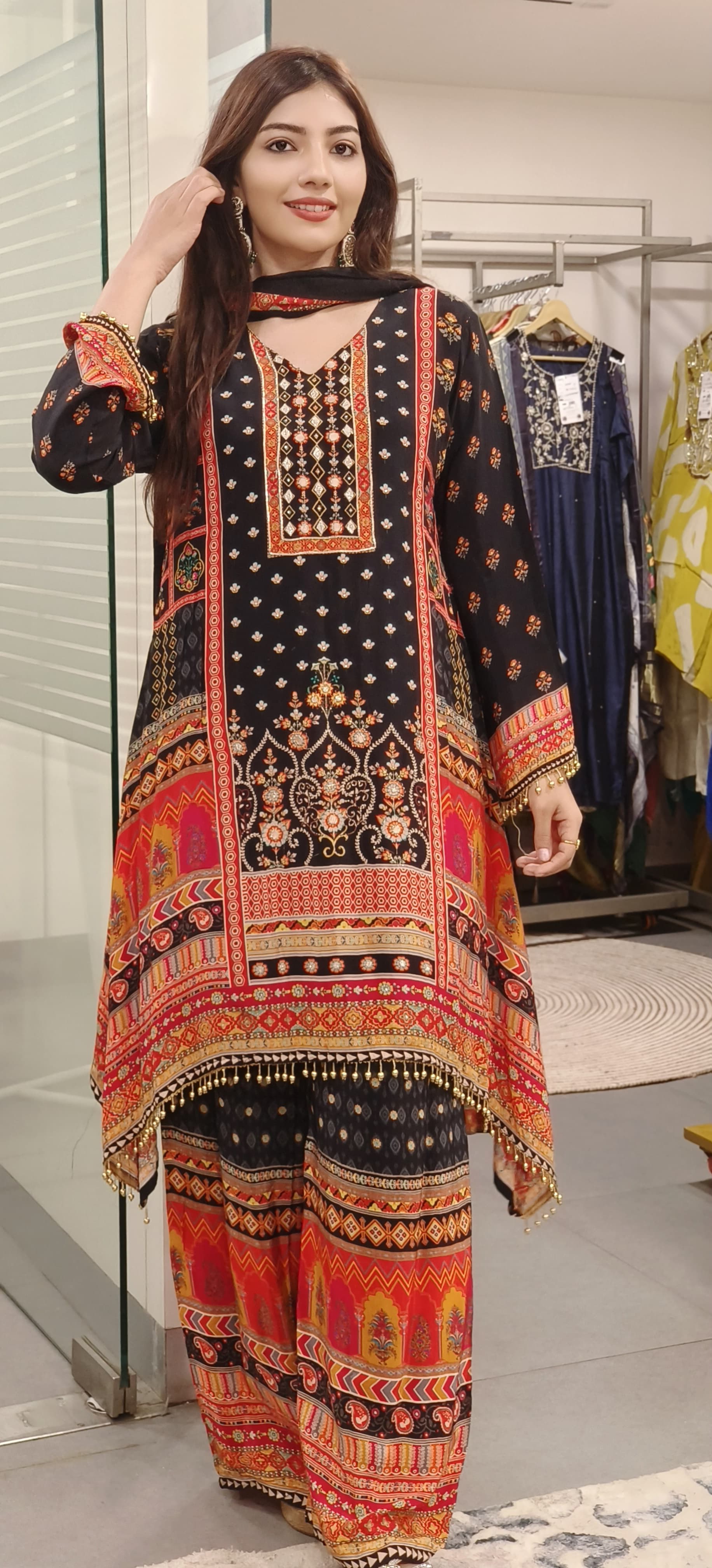 Black Pure Crape Zardosi & Real Mirror Work Suit Set with Flowy Palazzo Pants
