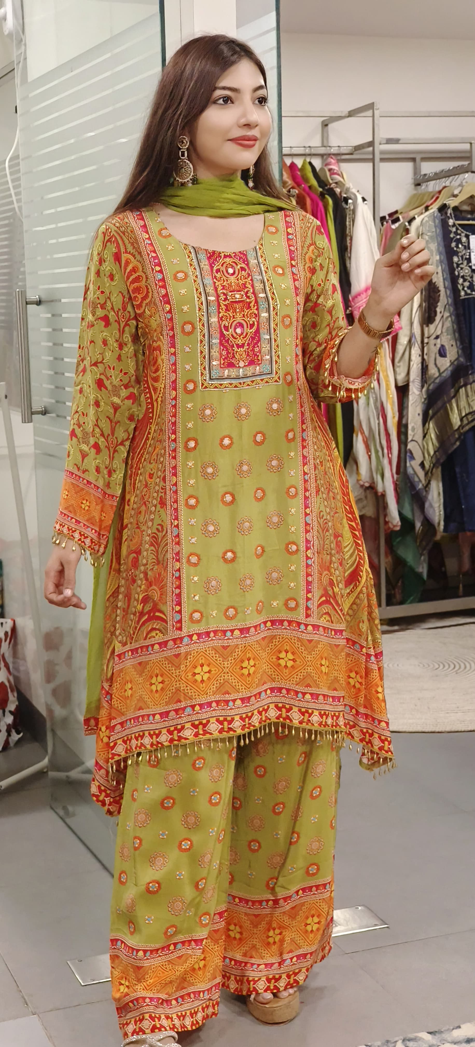 Meadow Grace Green Pure Crape Mirror & Zardosi Embroidered Suit with Palazzo Pants-09212