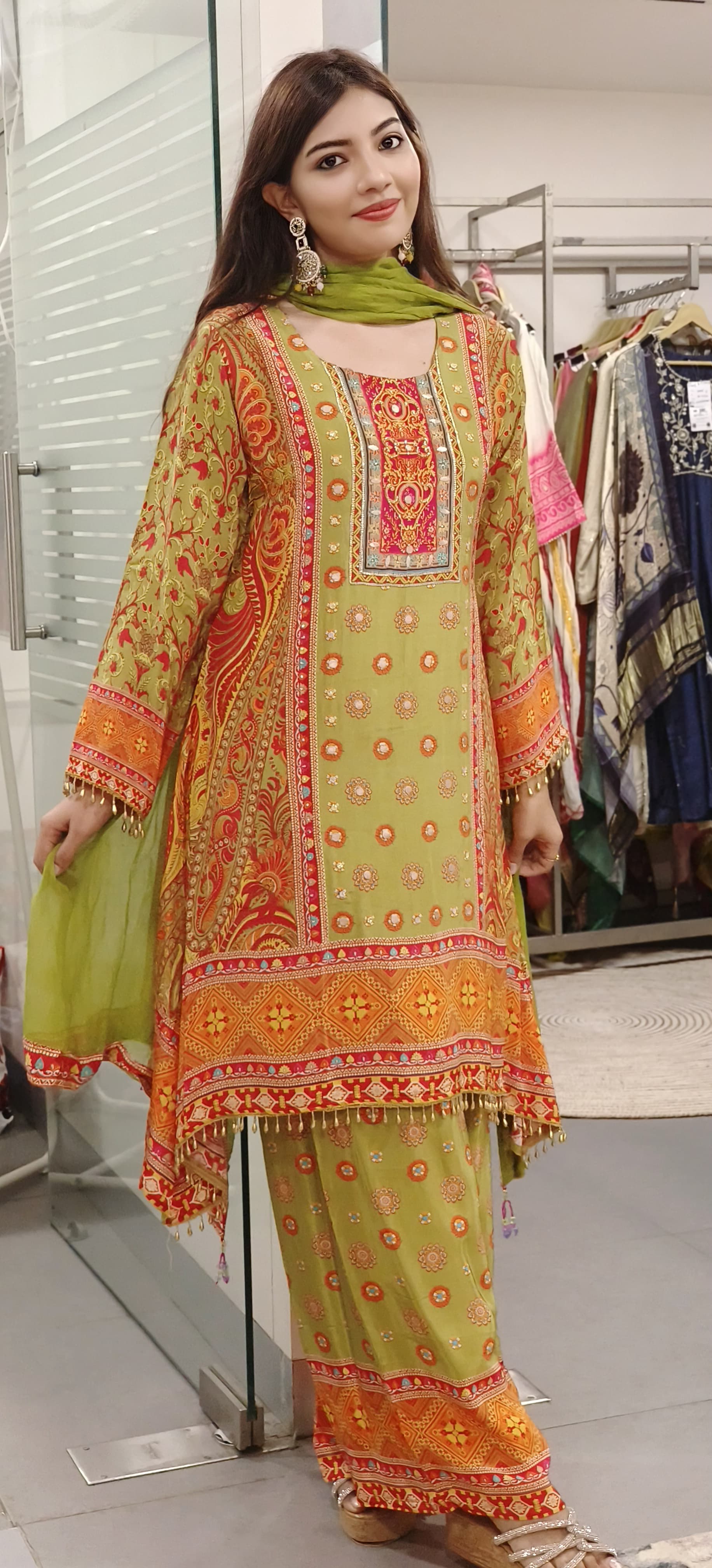 Meadow Grace Green Pure Crape Mirror & Zardosi Embroidered Suit with Palazzo Pants-09212