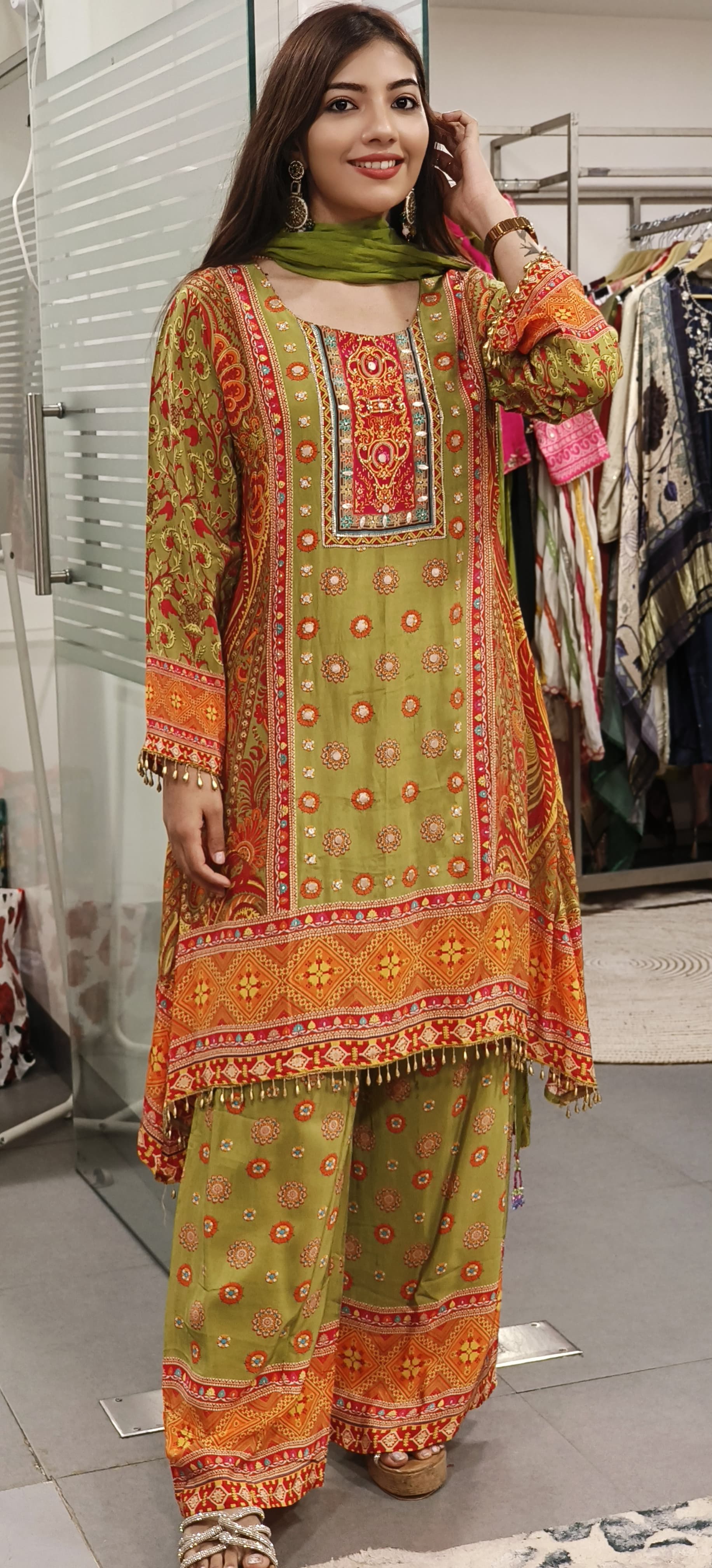 Meadow Grace Green Pure Crape Mirror & Zardosi Embroidered Suit with Palazzo Pants-09212