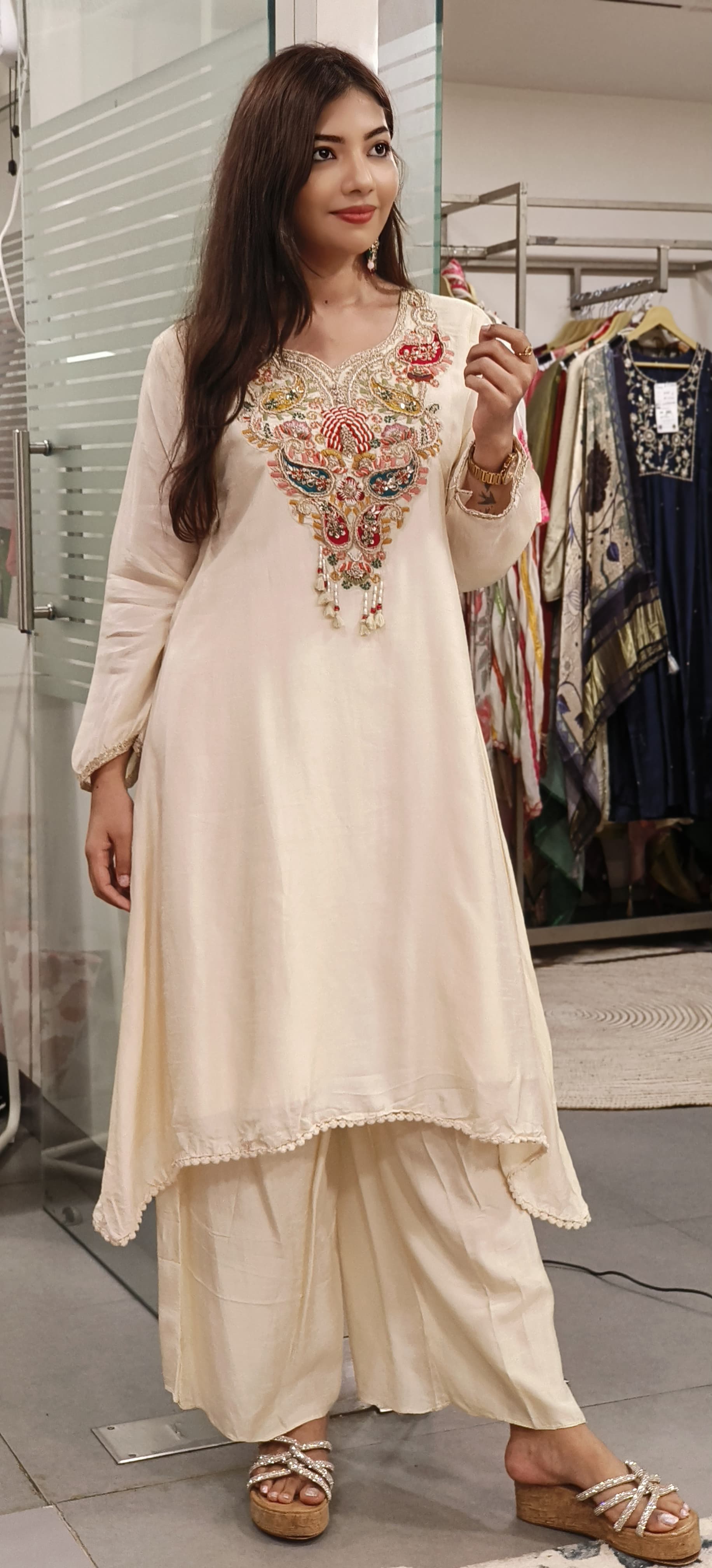 Beautiful Dola Silk Fabric zardosi embroidery work Hi low indowestern kurta pant 09028,09027,09022