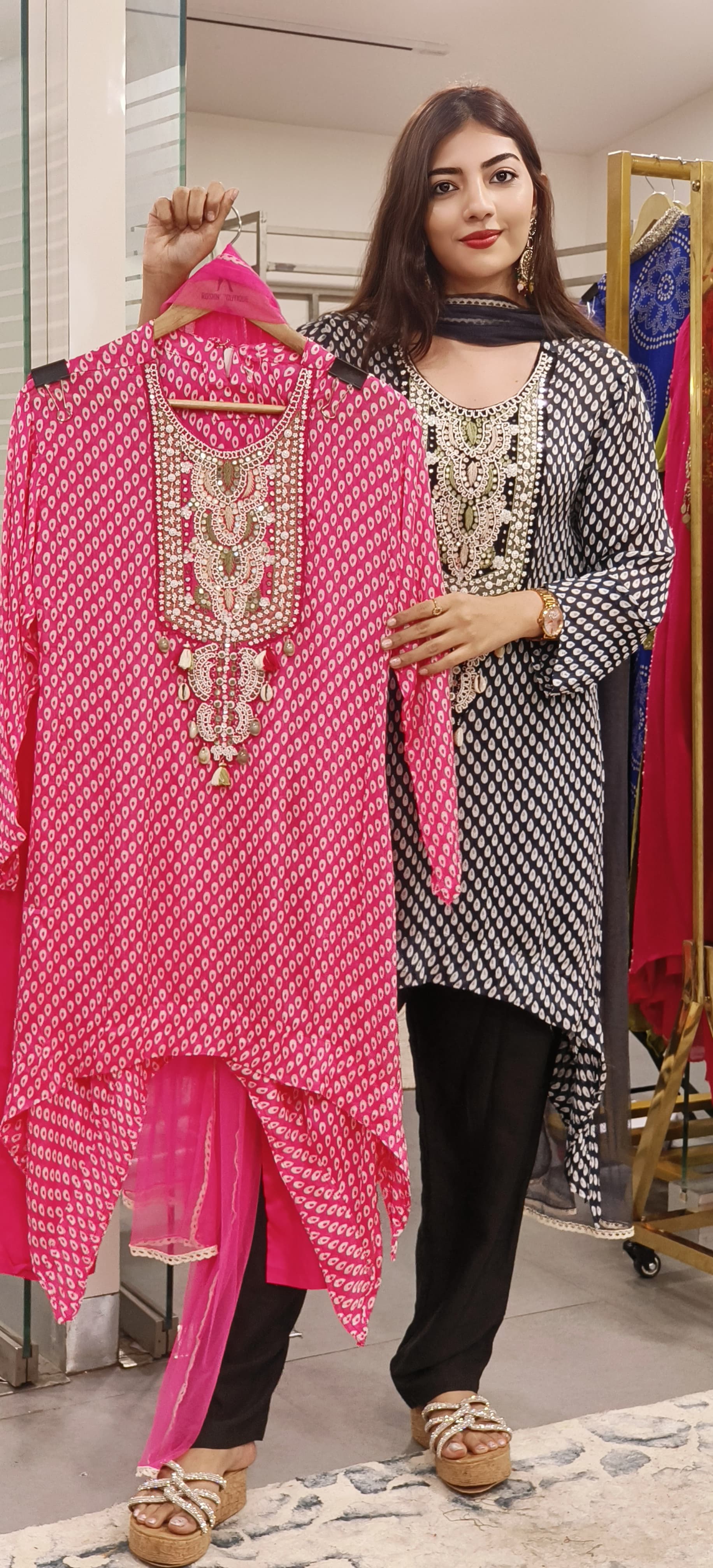 Zahra Charm– Graceful Pearl-Embroidered Chiffon Indo-Western Suit Set with Statement Cut-09019