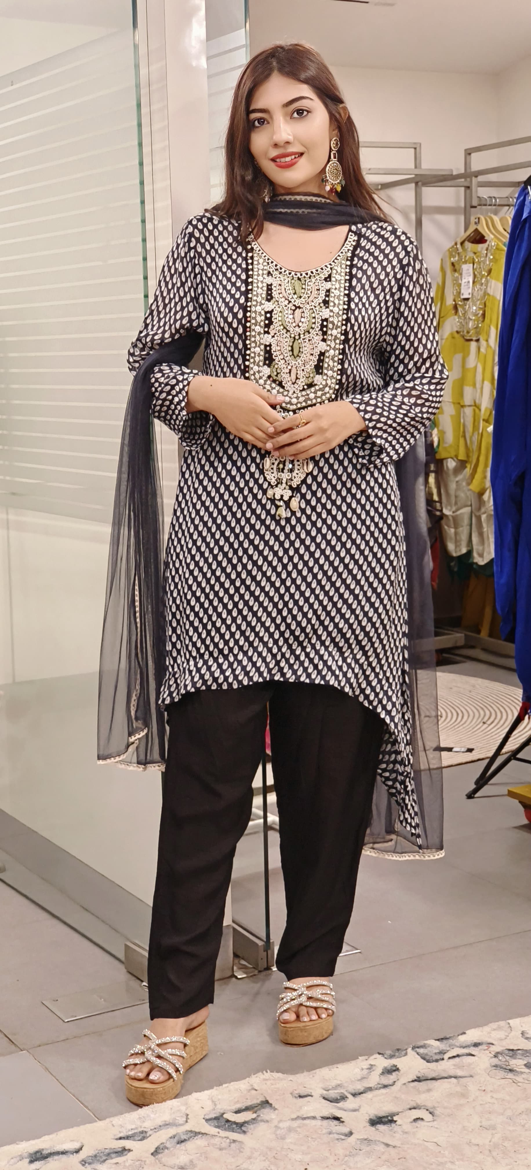 Zahra Charm– Graceful Pearl-Embroidered Chiffon Indo-Western Suit Set with Statement Cut-09019