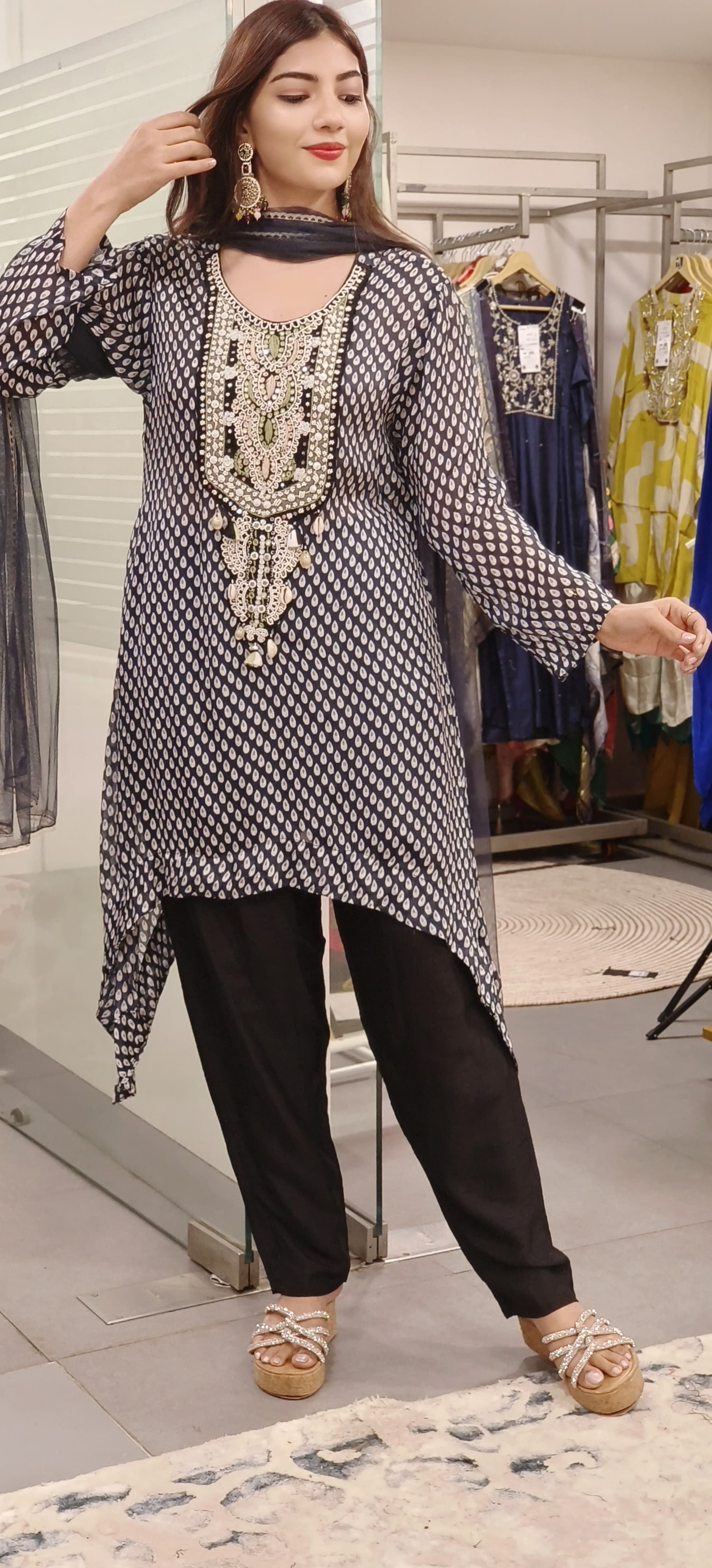 Zahra Charm– Graceful Pearl-Embroidered Chiffon Indo-Western Suit Set with Statement Cut-09019