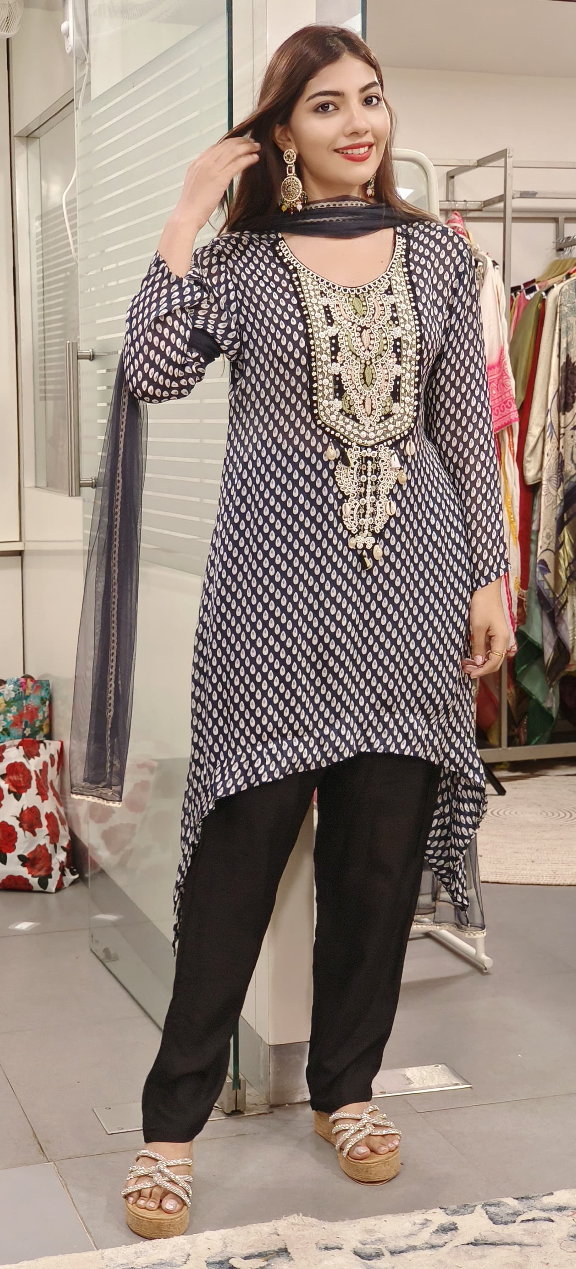 Zahra Charm– Graceful Pearl-Embroidered Chiffon Indo-Western Suit Set with Statement Cut-09019