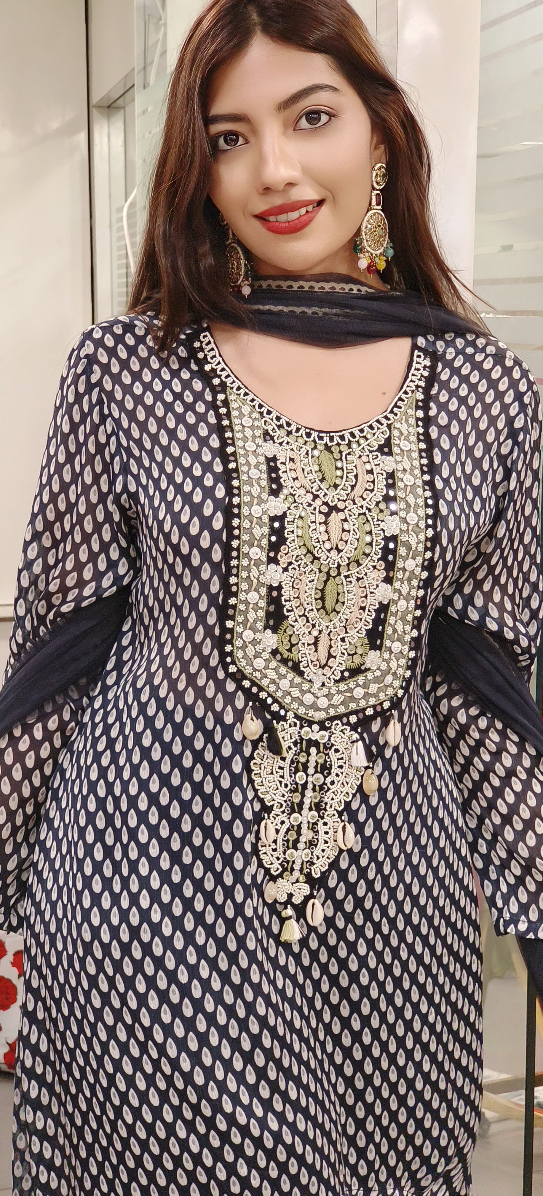 Zahra Charm– Graceful Pearl-Embroidered Chiffon Indo-Western Suit Set with Statement Cut-09019