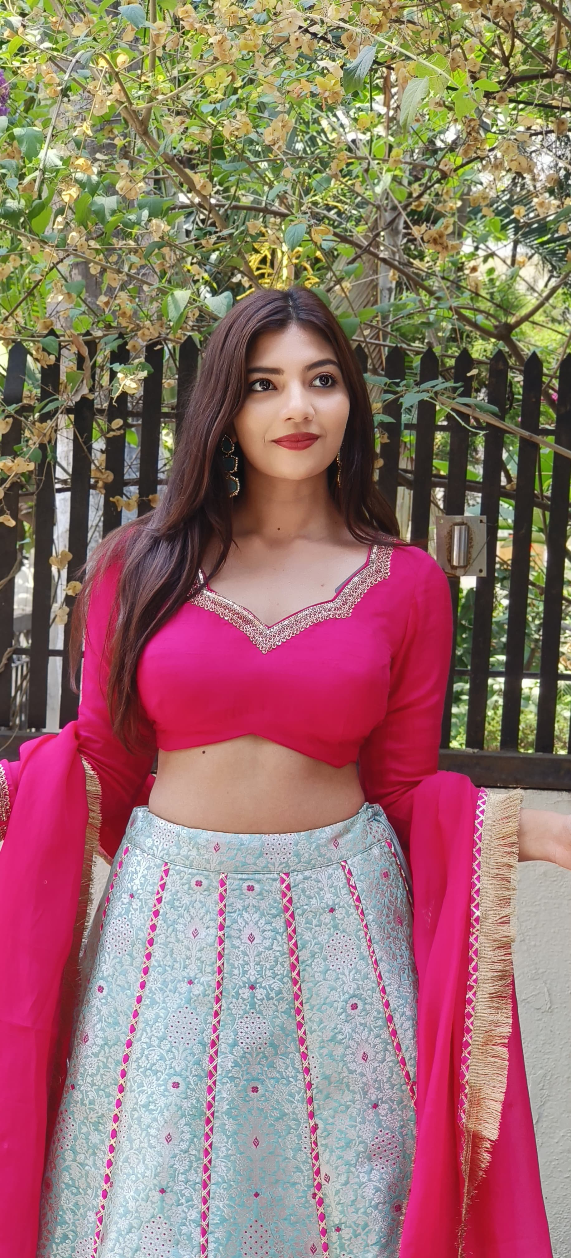 Exquisite Silk Ensemble Embroidered Blouse Paired with Sky Blue Brocade Banarasi Skirt and Golden Lace Dupatta ONLY ON ORDERS DISPATCHING AFTER 30 DAYS