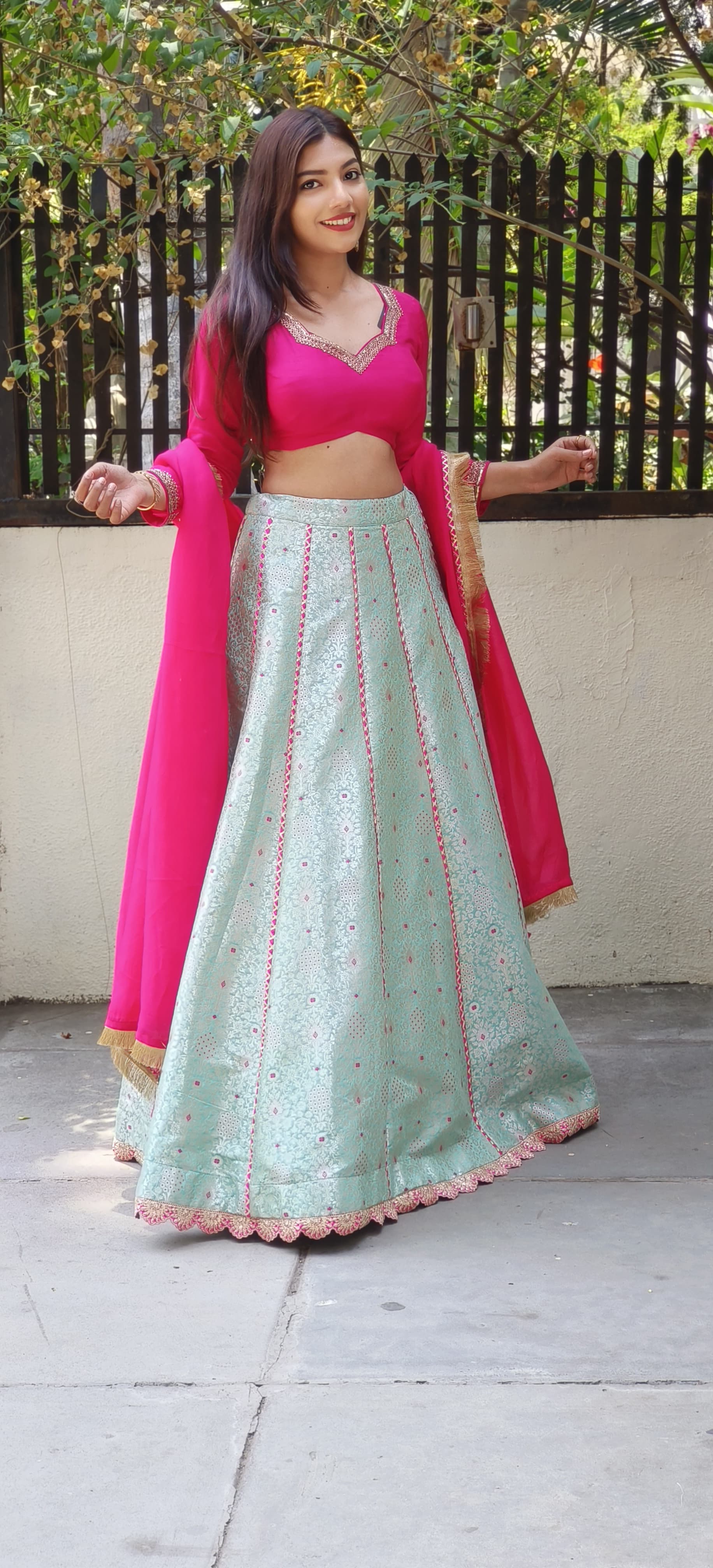 Exquisite Silk Ensemble Embroidered Blouse Paired with Sky Blue Brocade Banarasi Skirt and Golden Lace Dupatta ONLY ON ORDERS DISPATCHING AFTER 30 DAYS